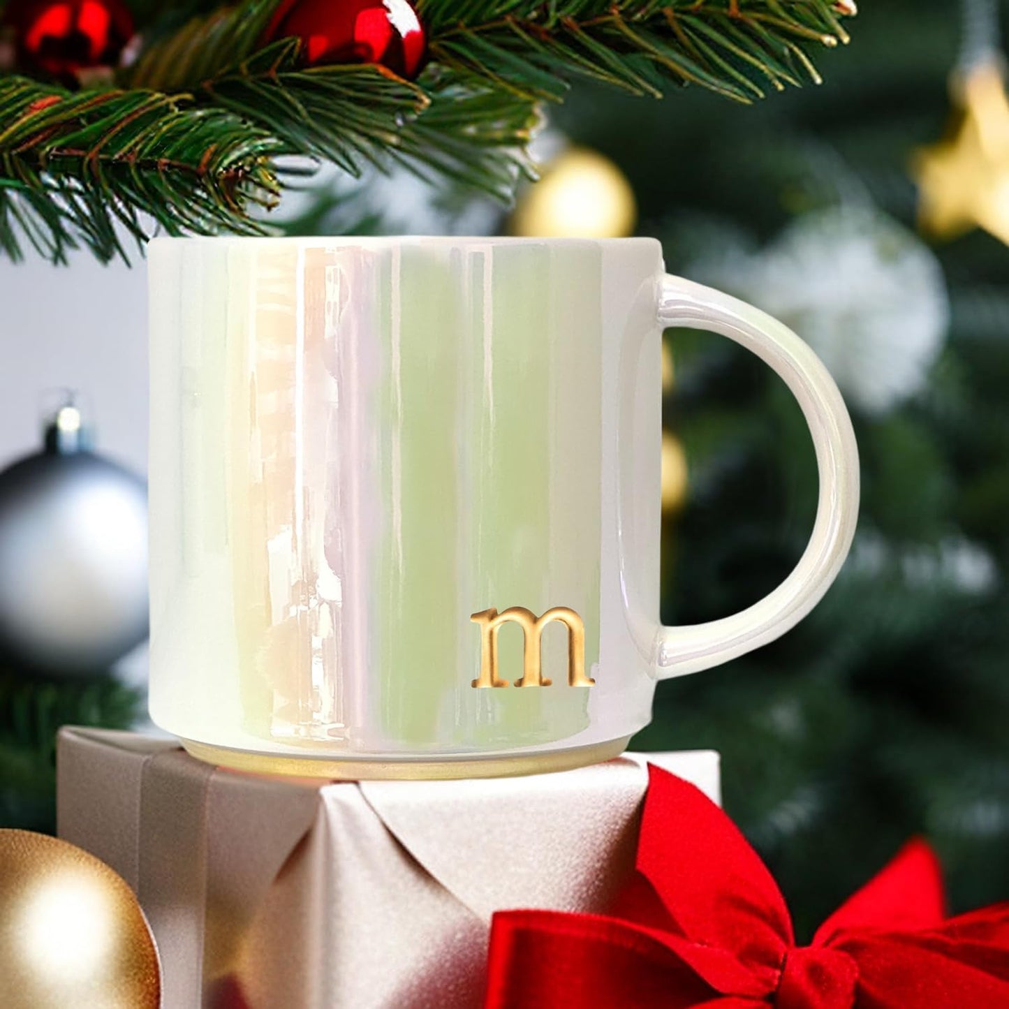 Ceramic Coffee Mug with Iridescent Finish – Personalized Lowercase Embossed Lettering – Lustrous Multicolored Coffee Cup – Perfect for Unique Gifts and Special Occasions