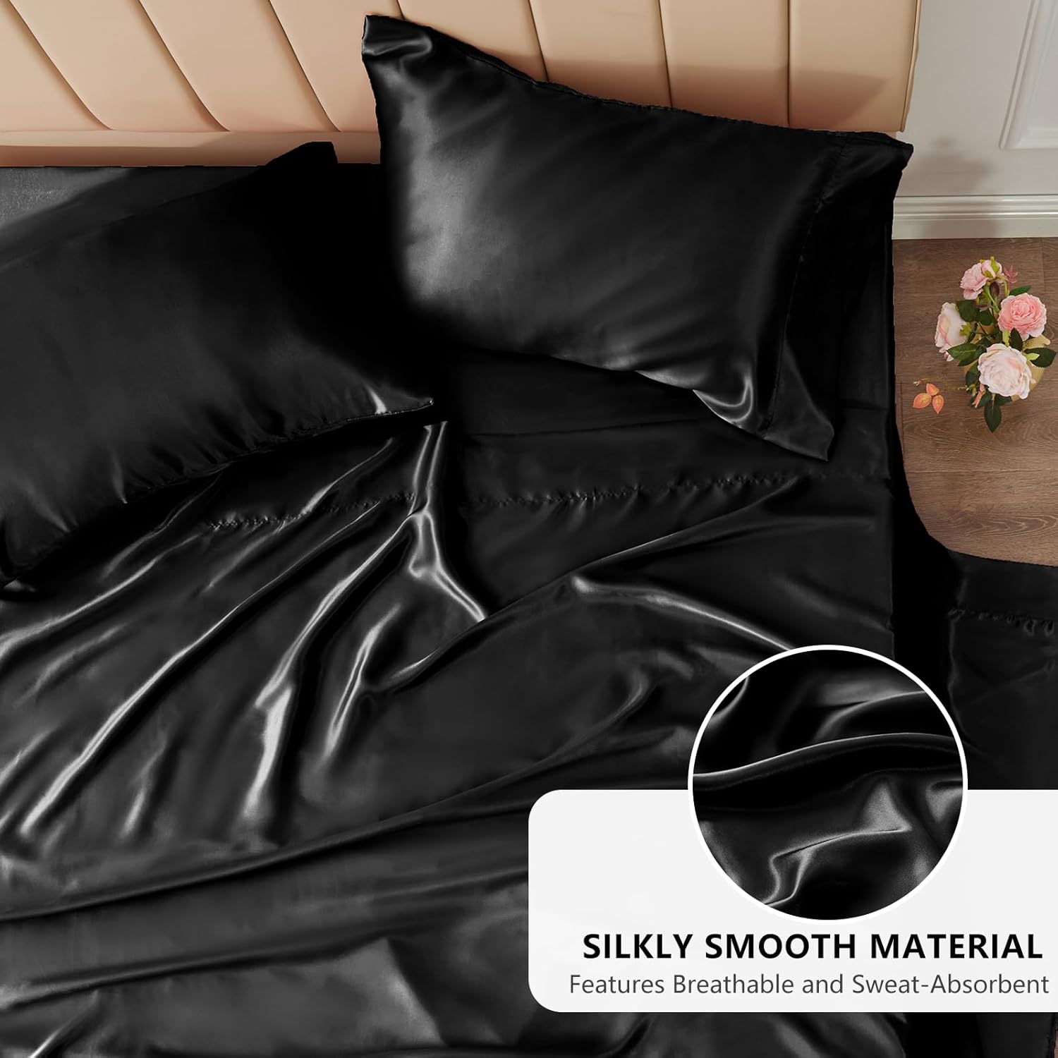 Queen Size 4-Piece Satin Sheet Set – Luxuriously Soft Black Microfiber