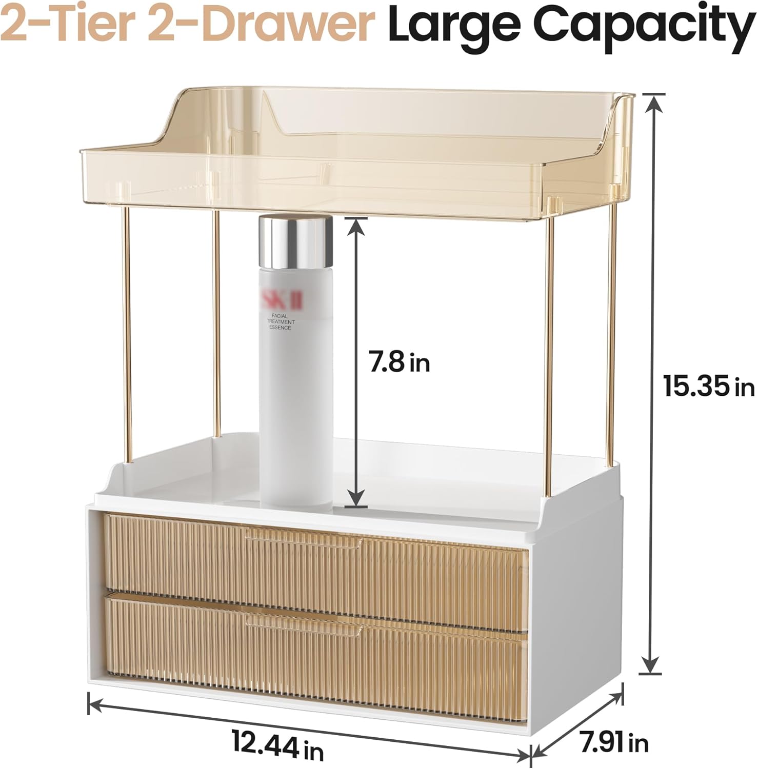 Bathroom Organizers and Storage, 2-Tier 2-Drawer Makeup Organizer Countertop,