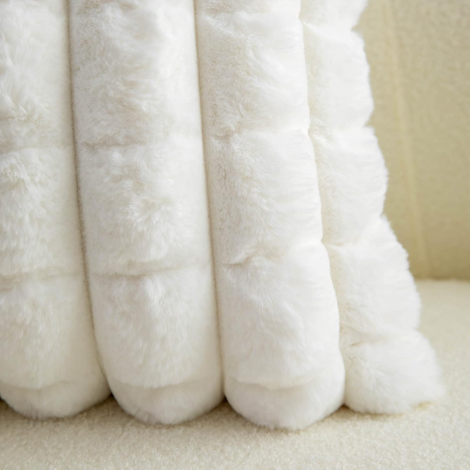 Cream White Faux Fur Cozy Soft Plaid Decorative Throw Pillow Covers