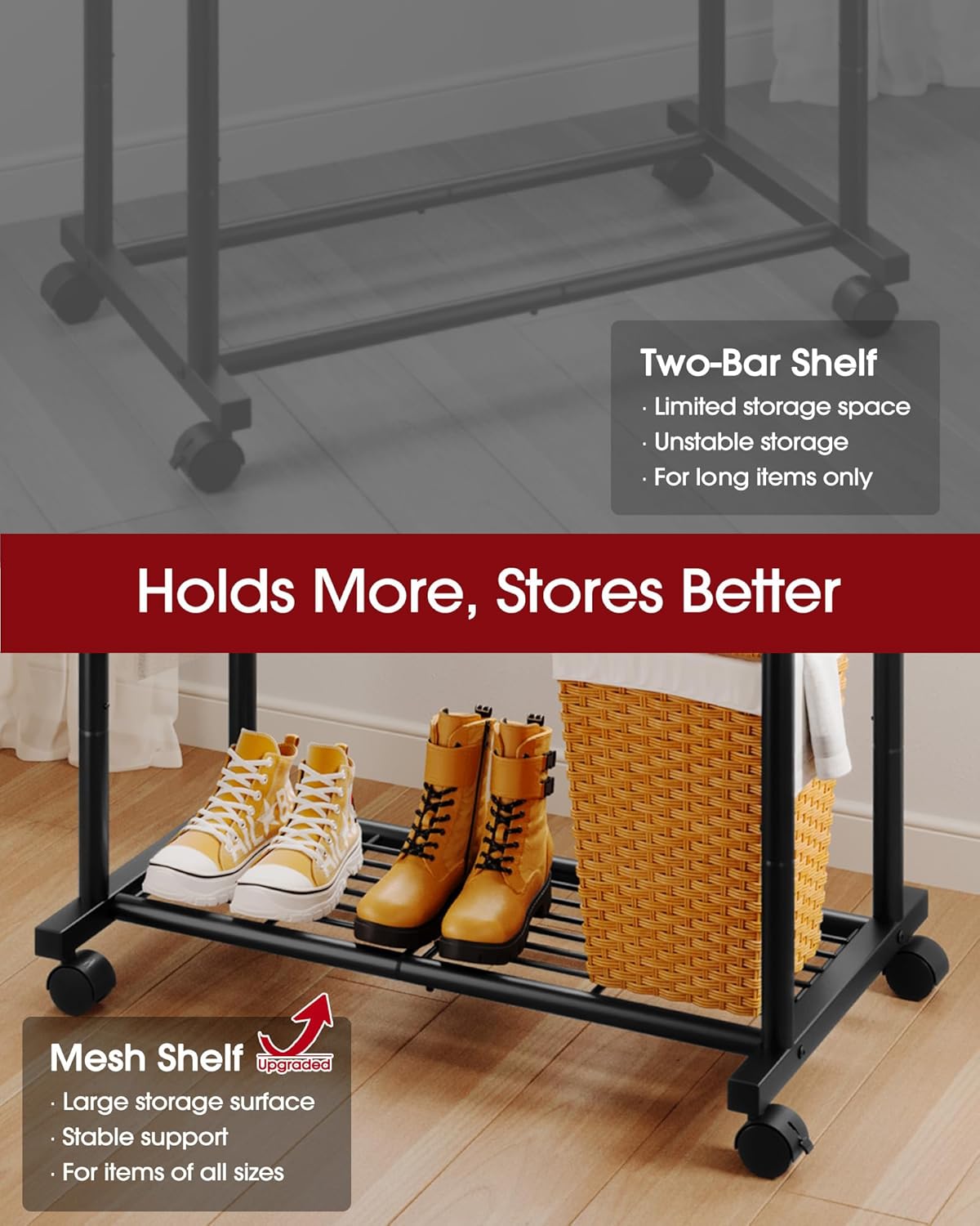 Double Rod Clothing Rack with Mesh Shelf, Hooks &amp; Lockable Wheels