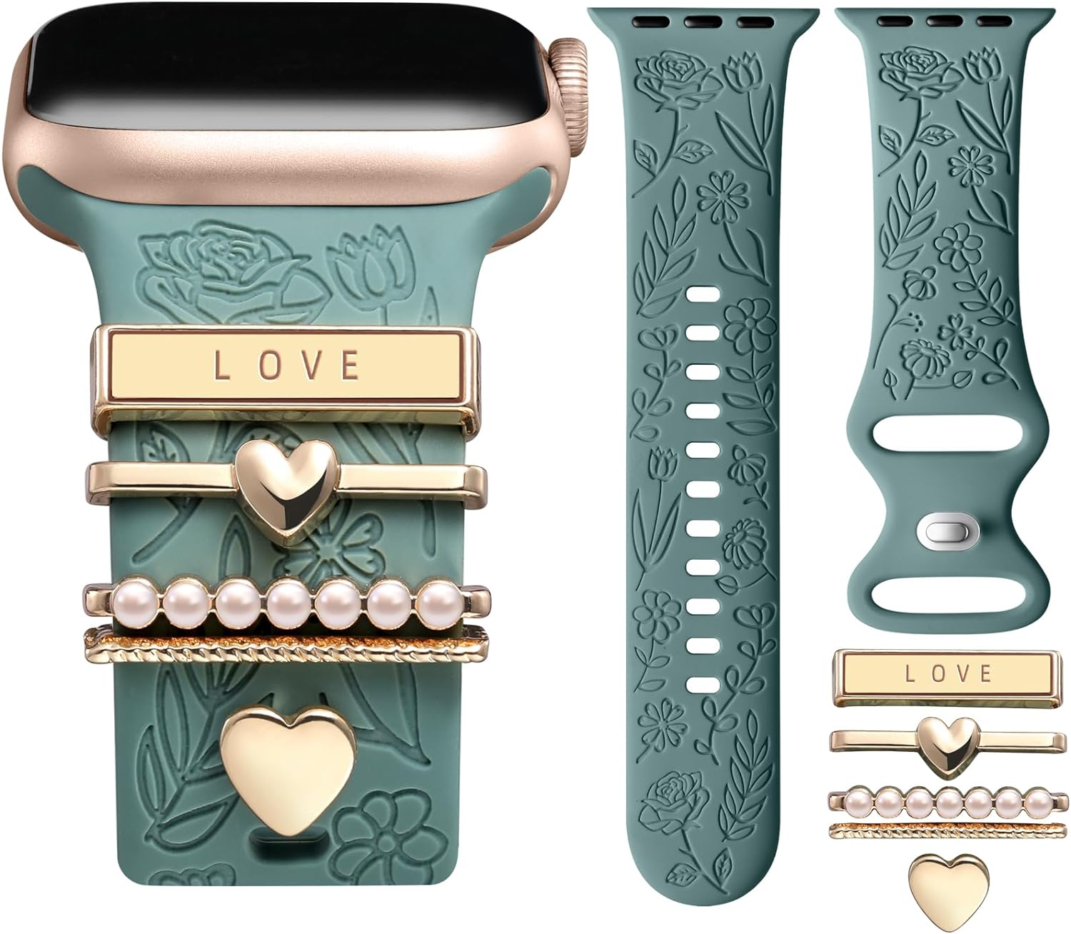 Flower Engraved Silicone Band with Decorative Charms – Compatible