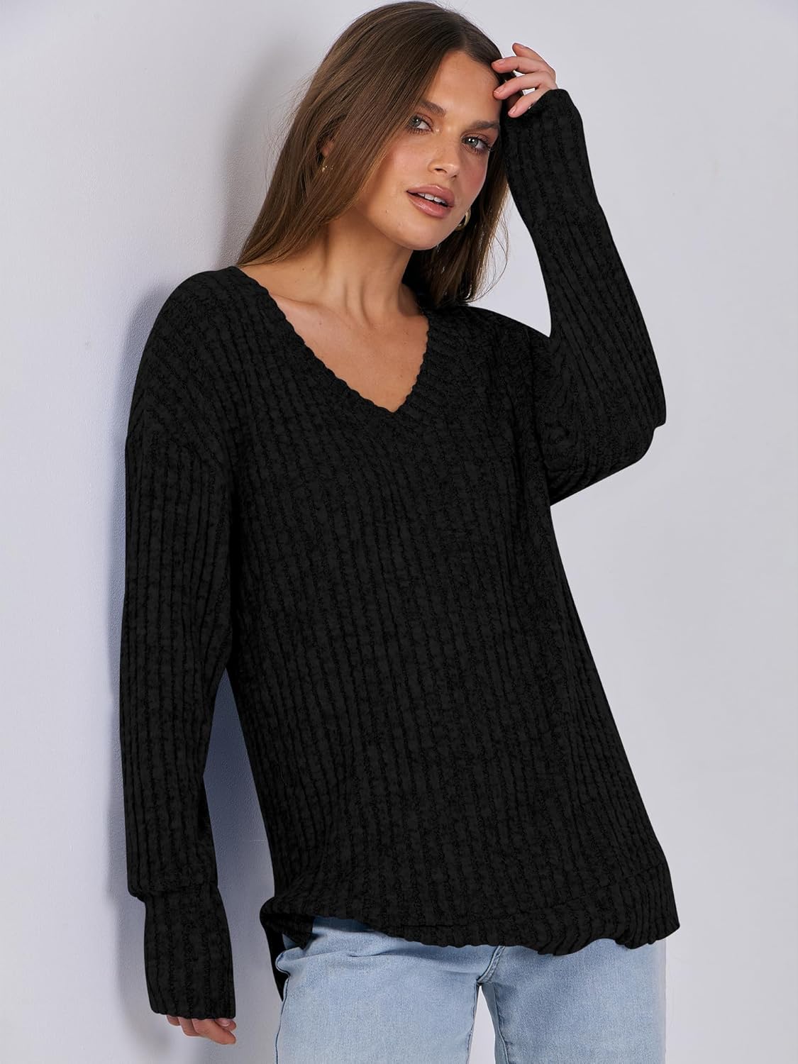 Women’s V Neck Long Sleeve Loose Fit Lightweight Fall Tops