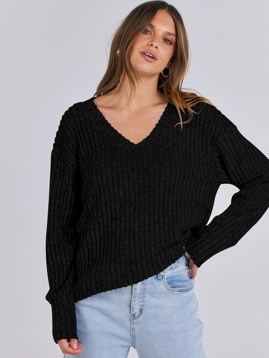 Women’s V Neck Long Sleeve Loose Fit Lightweight Fall Tops