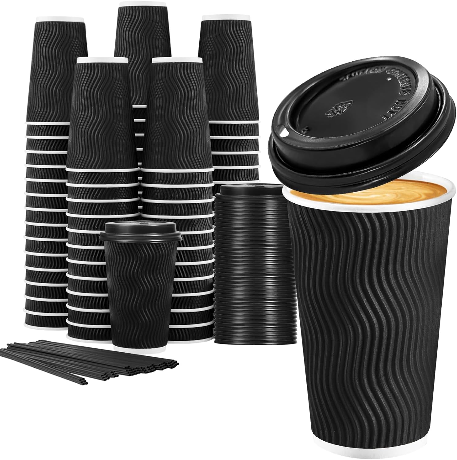 Disposable Coffee Cups with Lids & Straws – 50 Pack Insulated Hot Cups