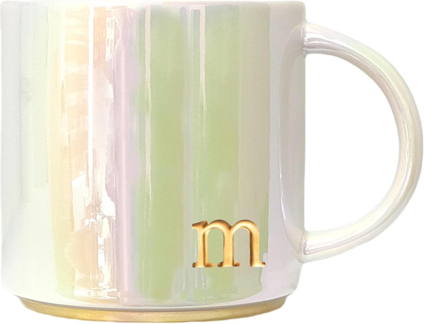 Ceramic Coffee Mug with Iridescent Finish – Personalized Lowercase Embossed Lettering – Lustrous Multicolored Coffee Cup – Perfect for Unique Gifts and Special Occasions