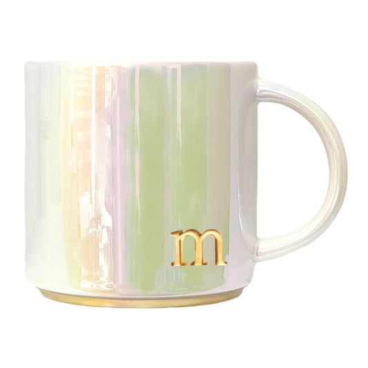 Ceramic Coffee Mug with Iridescent Finish – Personalized Lowercase Embossed Lettering – Lustrous Multicolored Coffee Cup – Perfect for Unique Gifts and Special Occasions