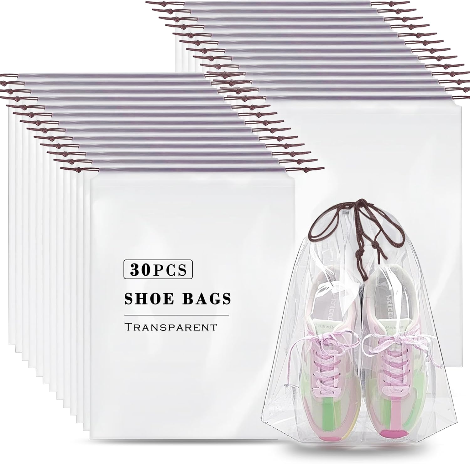 30 Pack Clear Shoe Bags for Travel – Waterproof Transparent Drawstring
