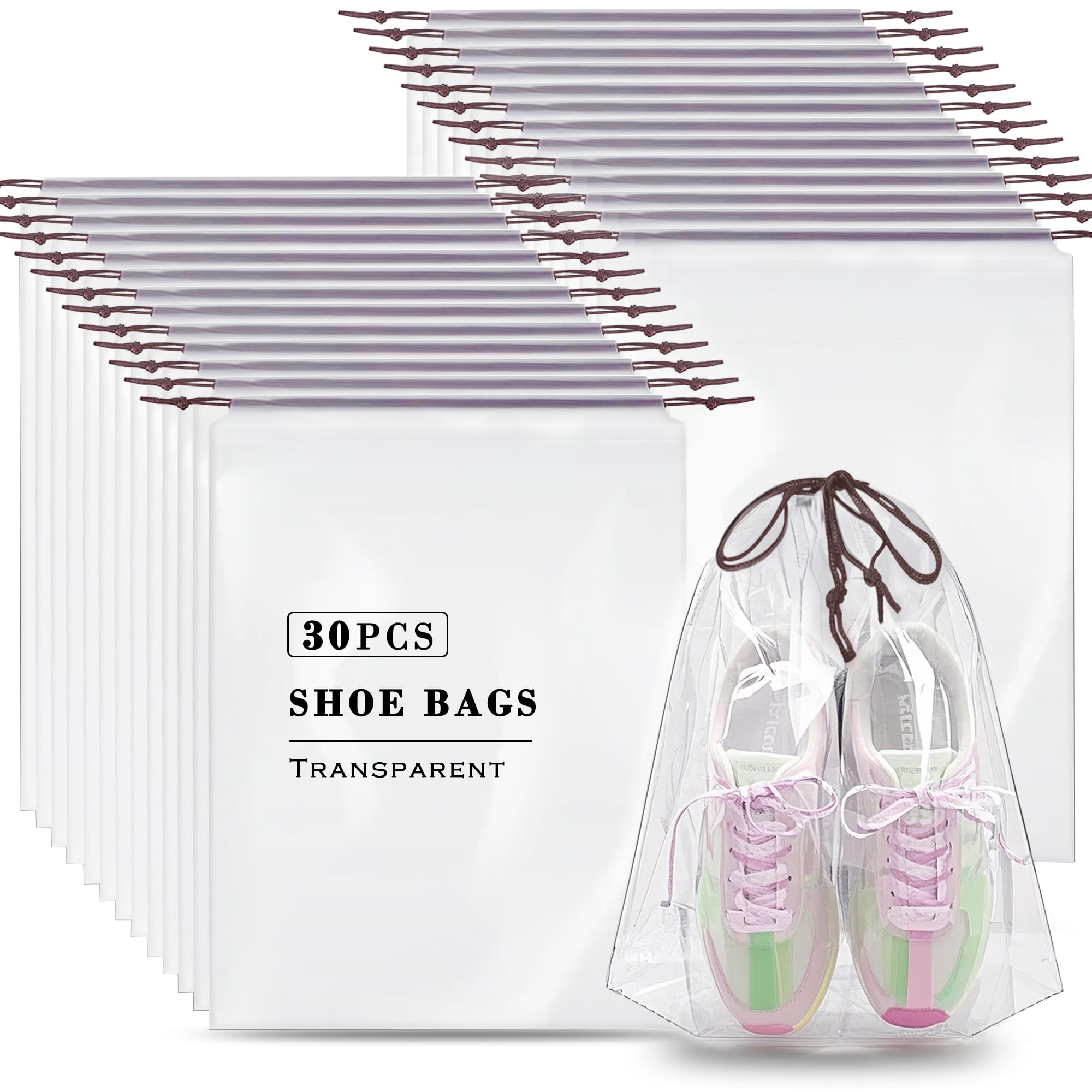 30 Pack Clear Shoe Bags for Travel – Waterproof Transparent Drawstring