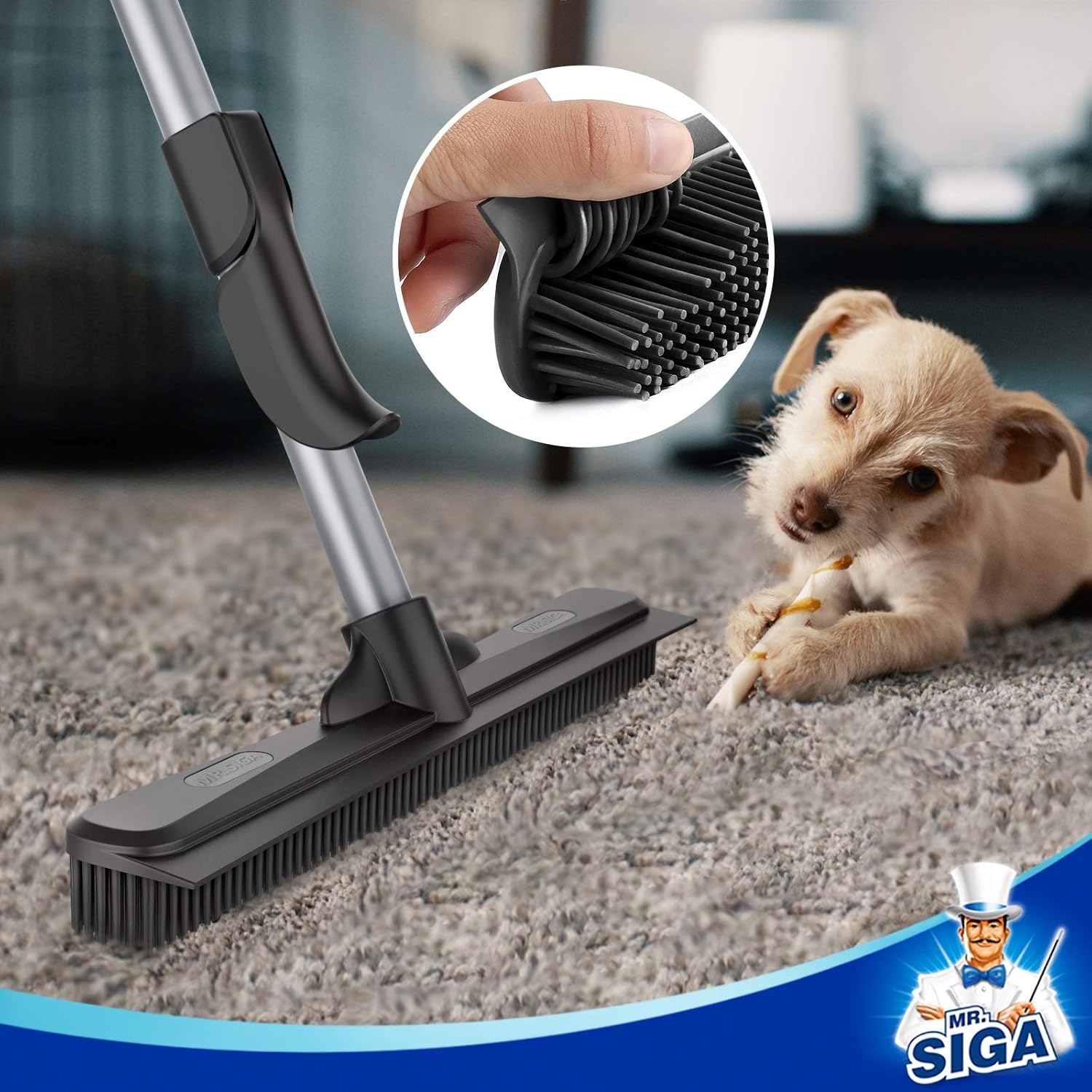Pet Hair Removal Rubber Broom with Squeegee & Microfiber Cloth
