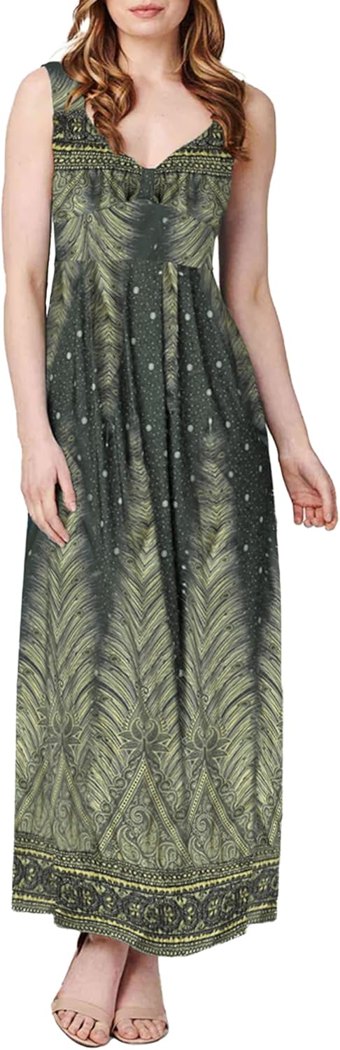 Women’s Boho Spaghetti Strap V Neck Feather Print Maxi Dress