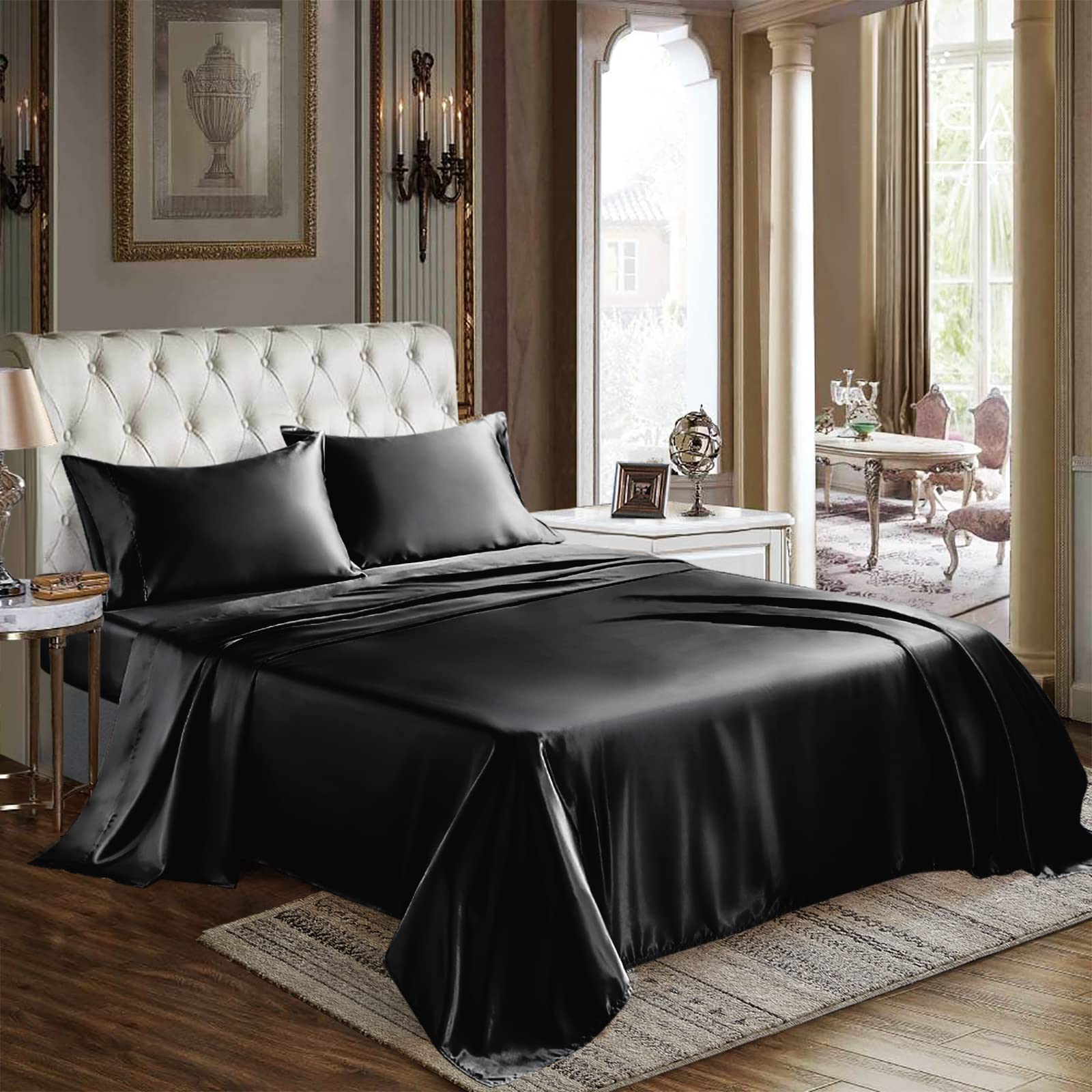 Queen Size 4-Piece Satin Sheet Set – Luxuriously Soft Black Microfiber