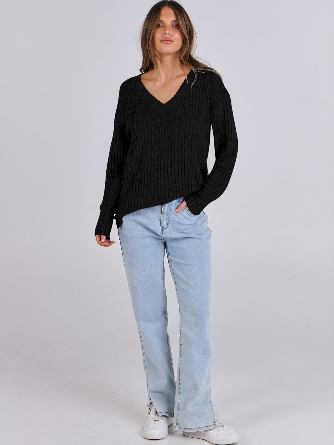 Women’s V Neck Long Sleeve Loose Fit Lightweight Fall Tops