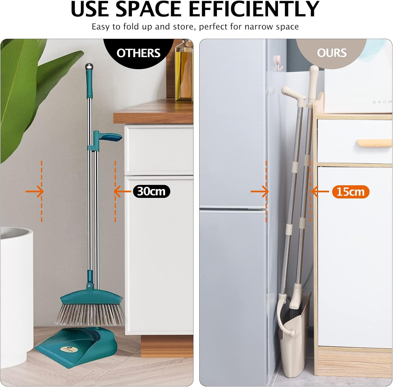Broom and Dustpan Set with Long Handle – Lightweight Stainless Steel Poles