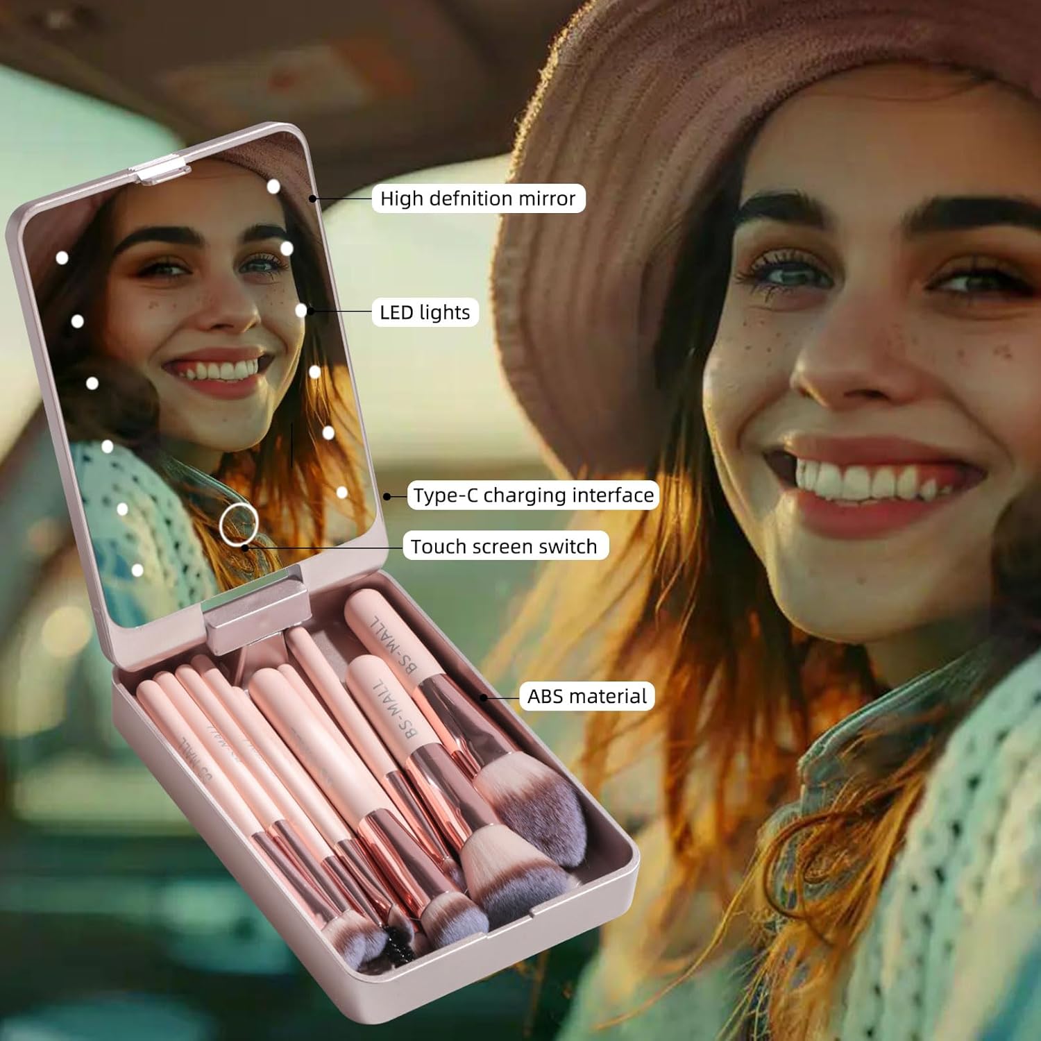 14-Pc Mini Makeup Brush Set with LED Light Mirror – Portable Travel Makeup Kit