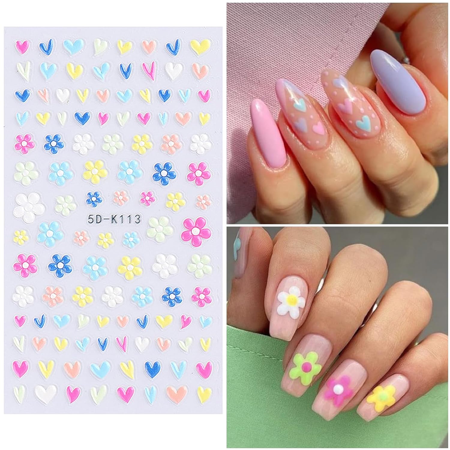 Flower Nail Art Stickers Decals – 5D Embossed Spring & Summer Daisy Nail Design, Self-Adhesive 3D Flower Nail Stickers