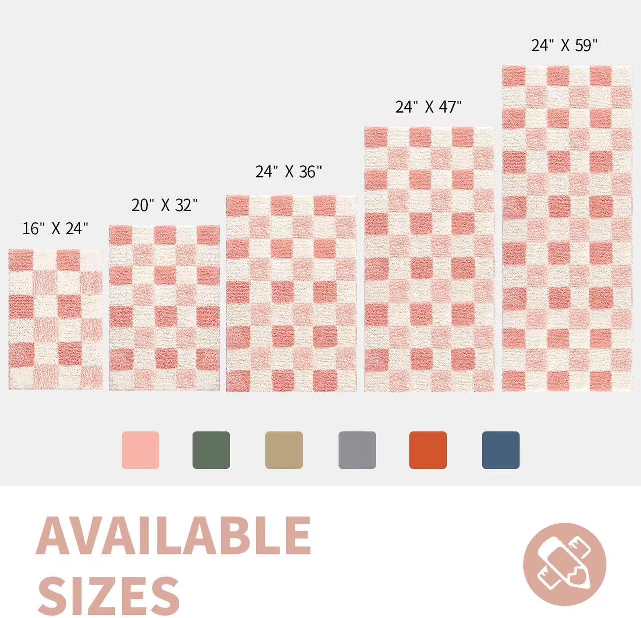 Checkered Bath Mat – Non-Slip Fluffy Microfiber Bathroom Rug – Absorbent, Washable Aesthetic Bath Mat for Shower & Sink – Blossom Pink, 24" x 16"