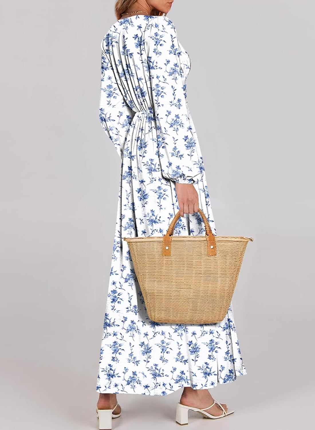 Women’s Floral V-Neck Maxi Dress – Long Sleeve Ruched High Waist