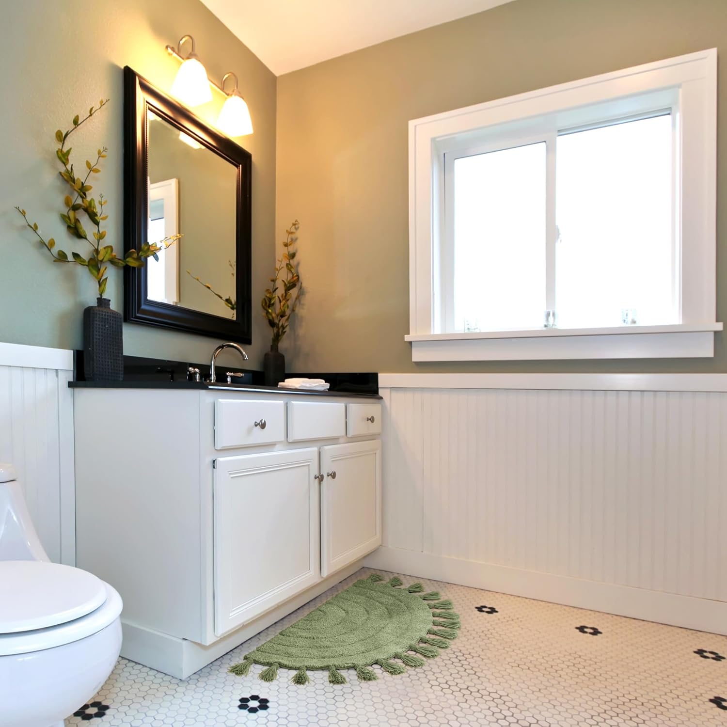 Boho Tassel Bath Rug – Soft Half Circle 100% Cotton Non-Slip Mat