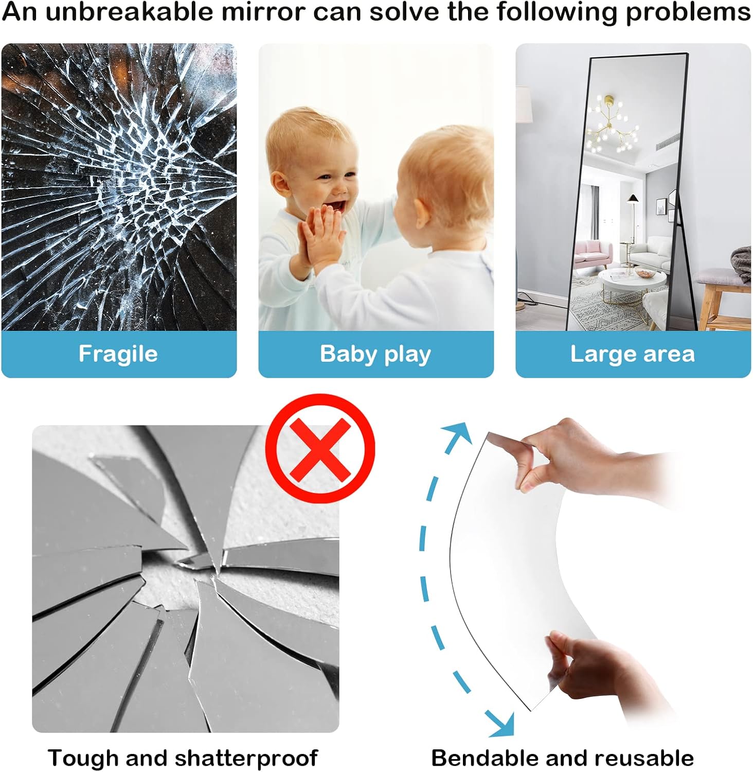 Unbreakable Full Length Wall Mirror Tiles – 4-Piece Acrylic Set