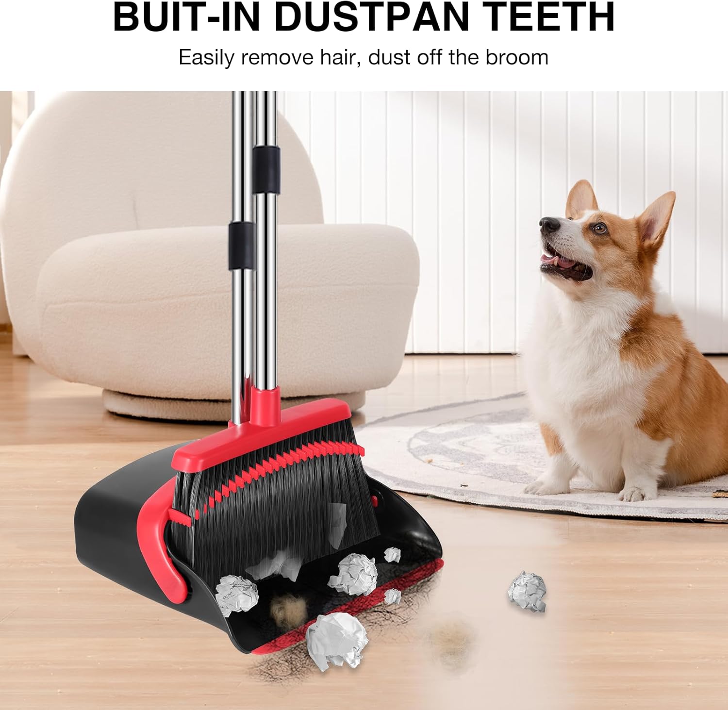 Broom and Dustpan Set – 52" Long Handle Broom with Upright Dustpan