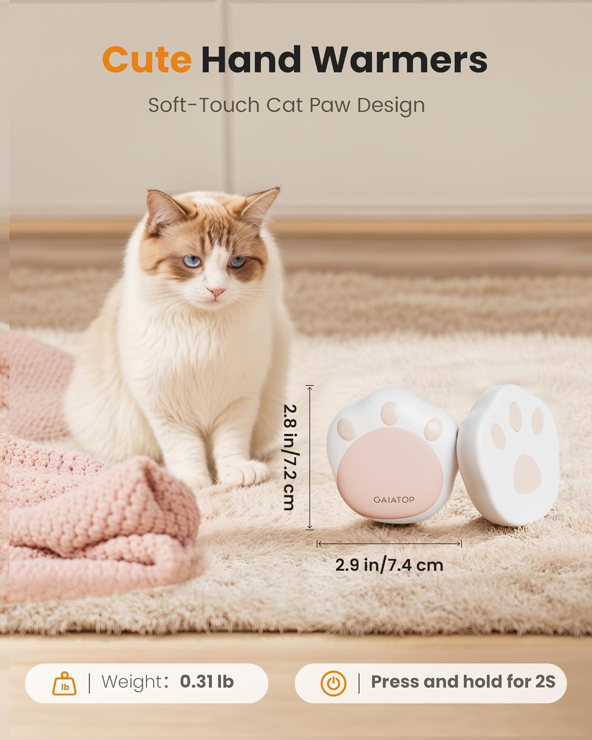 Rechargeable Cat Paw Hand Warmers – 2 Pack, 3 Heat Levels