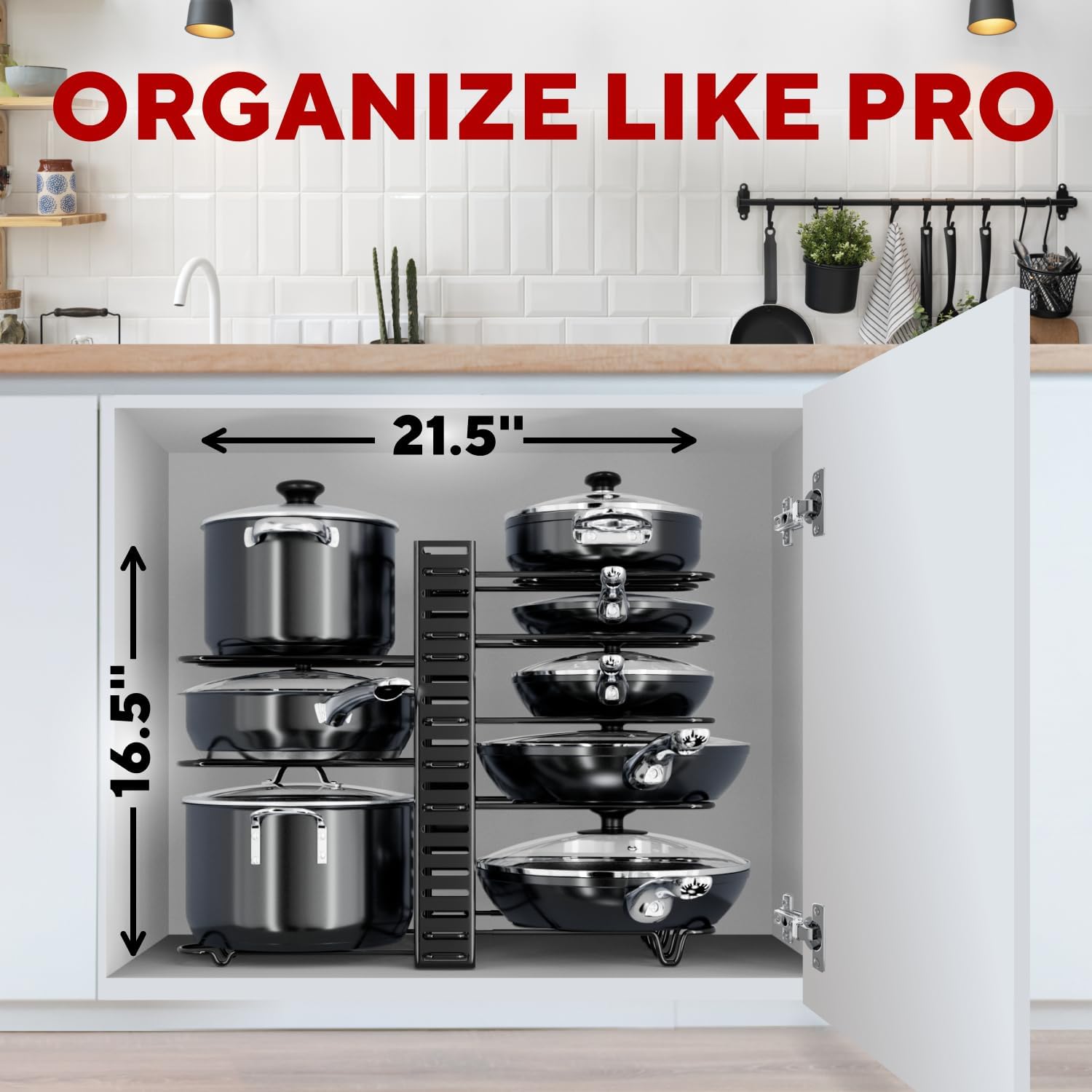 Pots and Pans Organizer Under Cabinet – 8-Tier Adjustable Rack