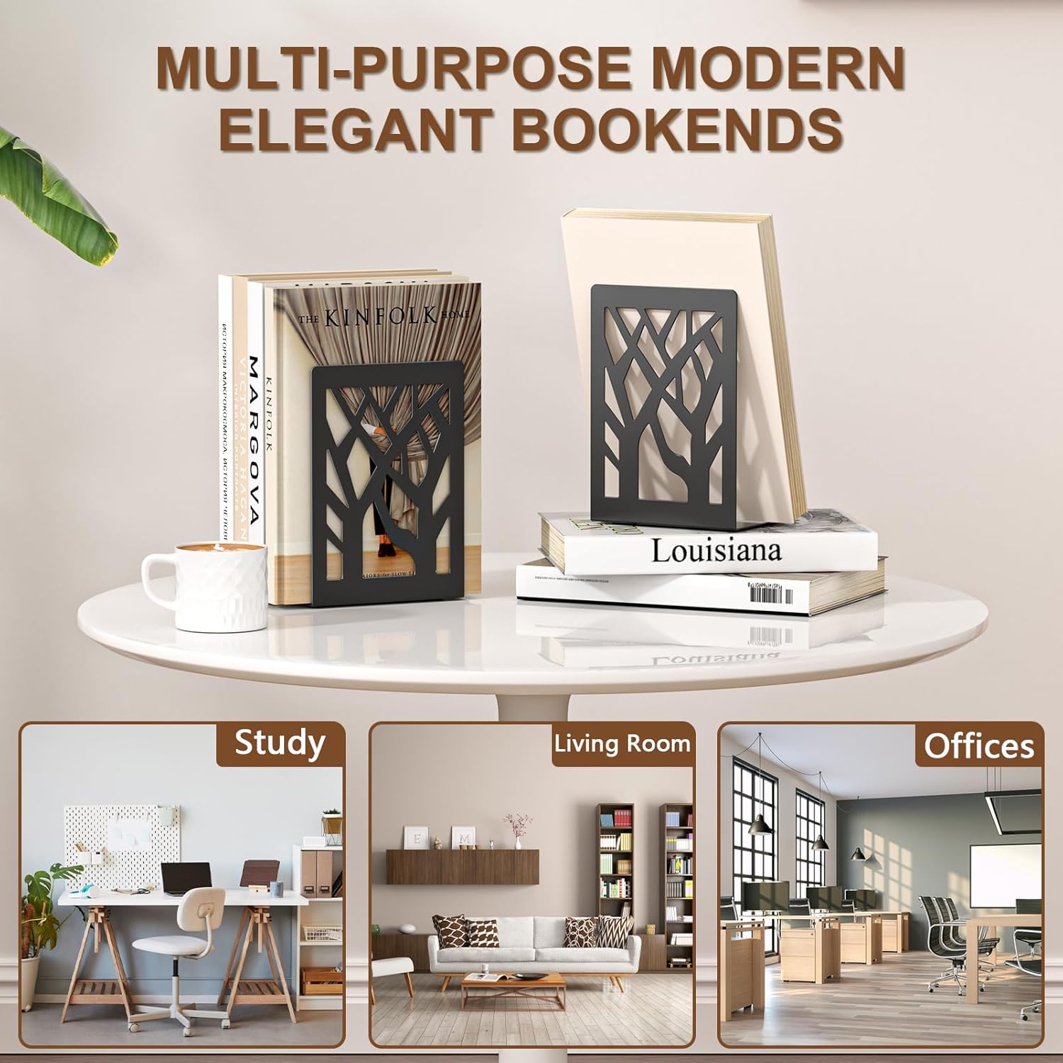 Black Metal Tree Bookends – 4 Pcs Decorative Non-Slip Organizer