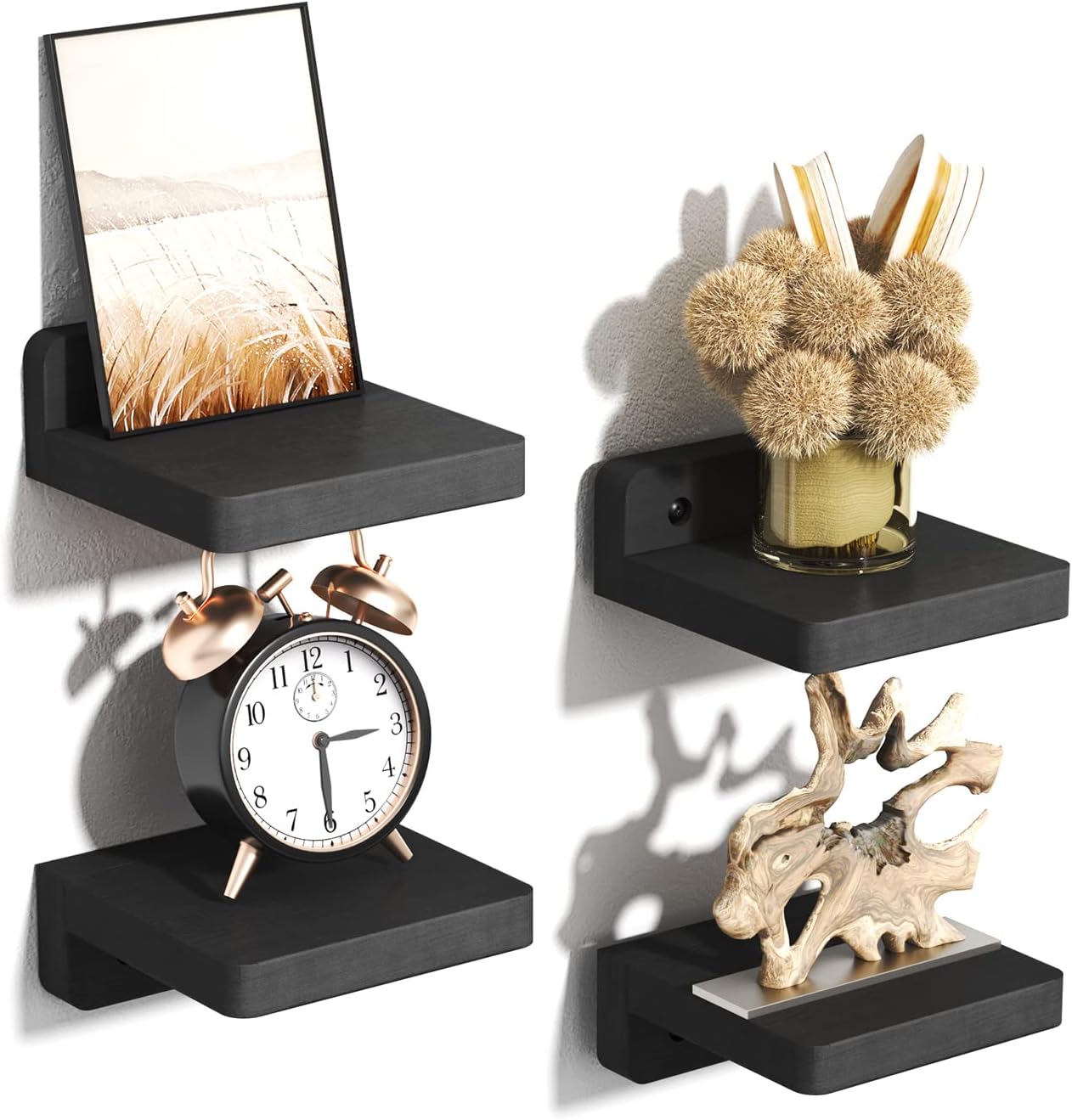 Set of 4 Small Floating Wood Shelves – 4" Wall Mounted Mini Display