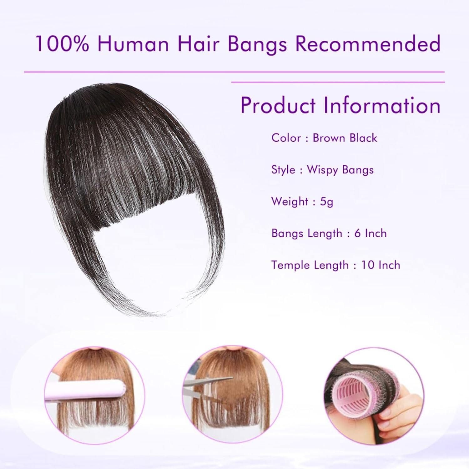 Clip-in Bangs 100% Real Human Hair Extensions – Wispy Brown & Black Fringe with Temples, Faux Bangs Hairpieces for Daily Wear