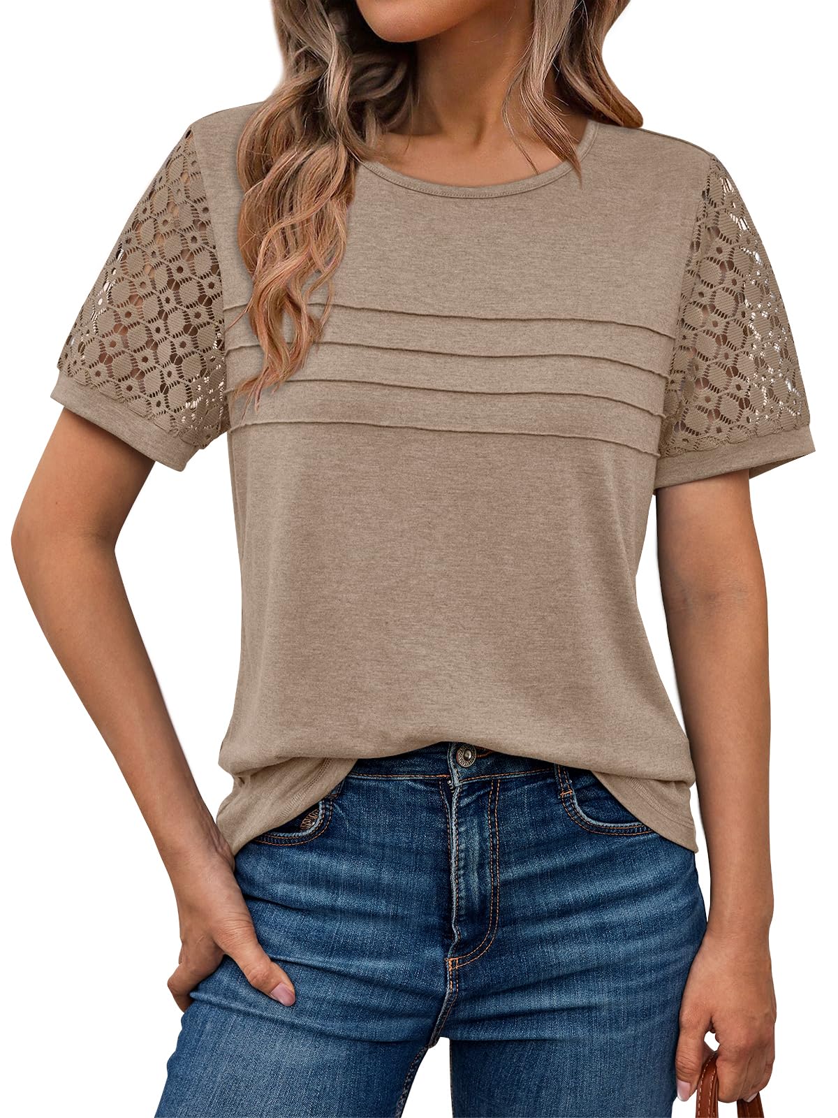 Women’s Short Sleeve Lace Blouse – Dressy Casual Summer