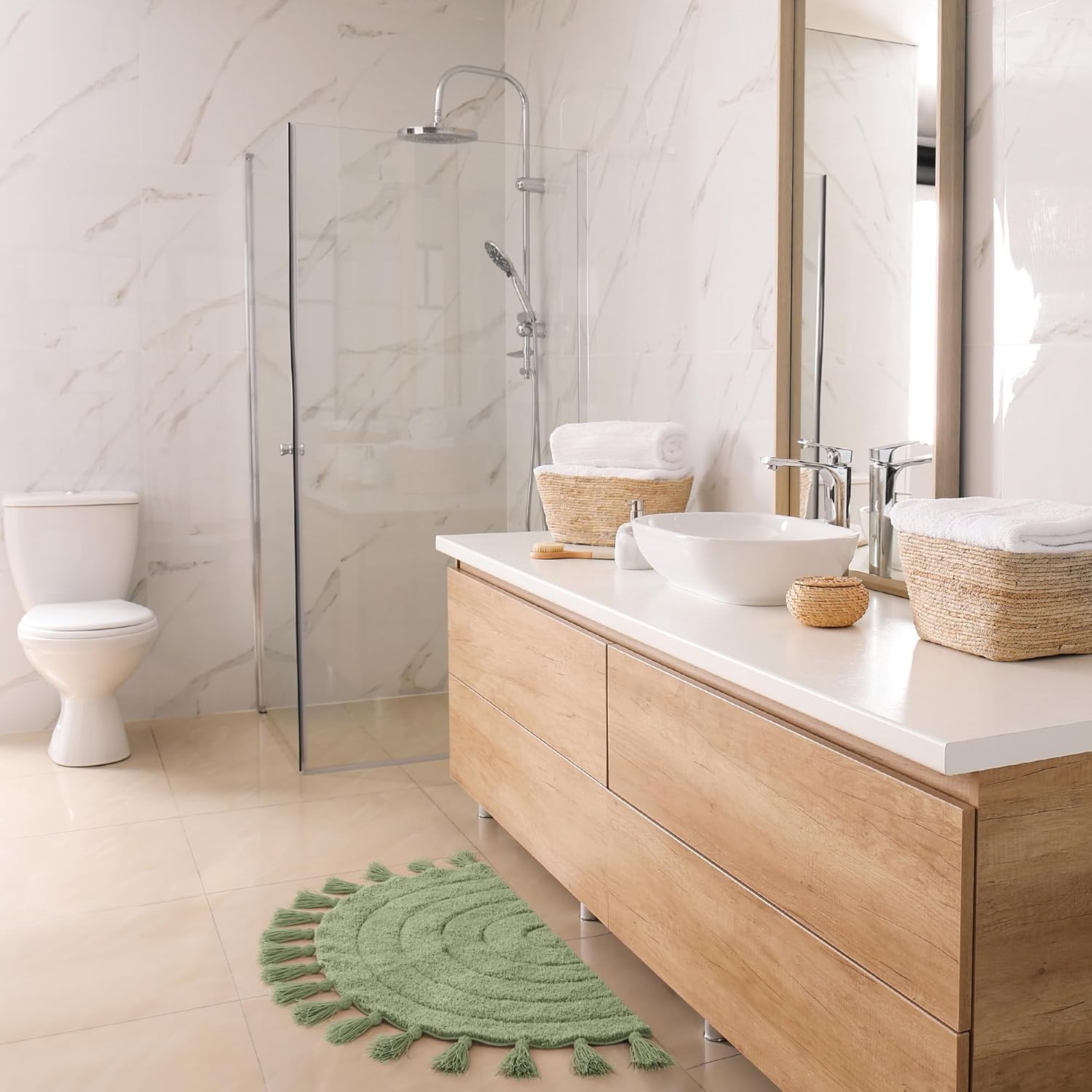 Boho Tassel Bath Rug – Soft Half Circle 100% Cotton Non-Slip Mat