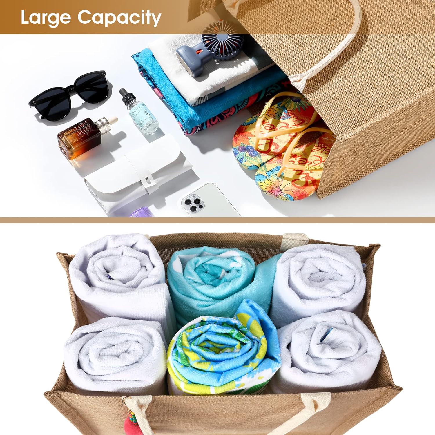 Large Woven Straw Beach Tote for Women – Waterproof Jute Summer