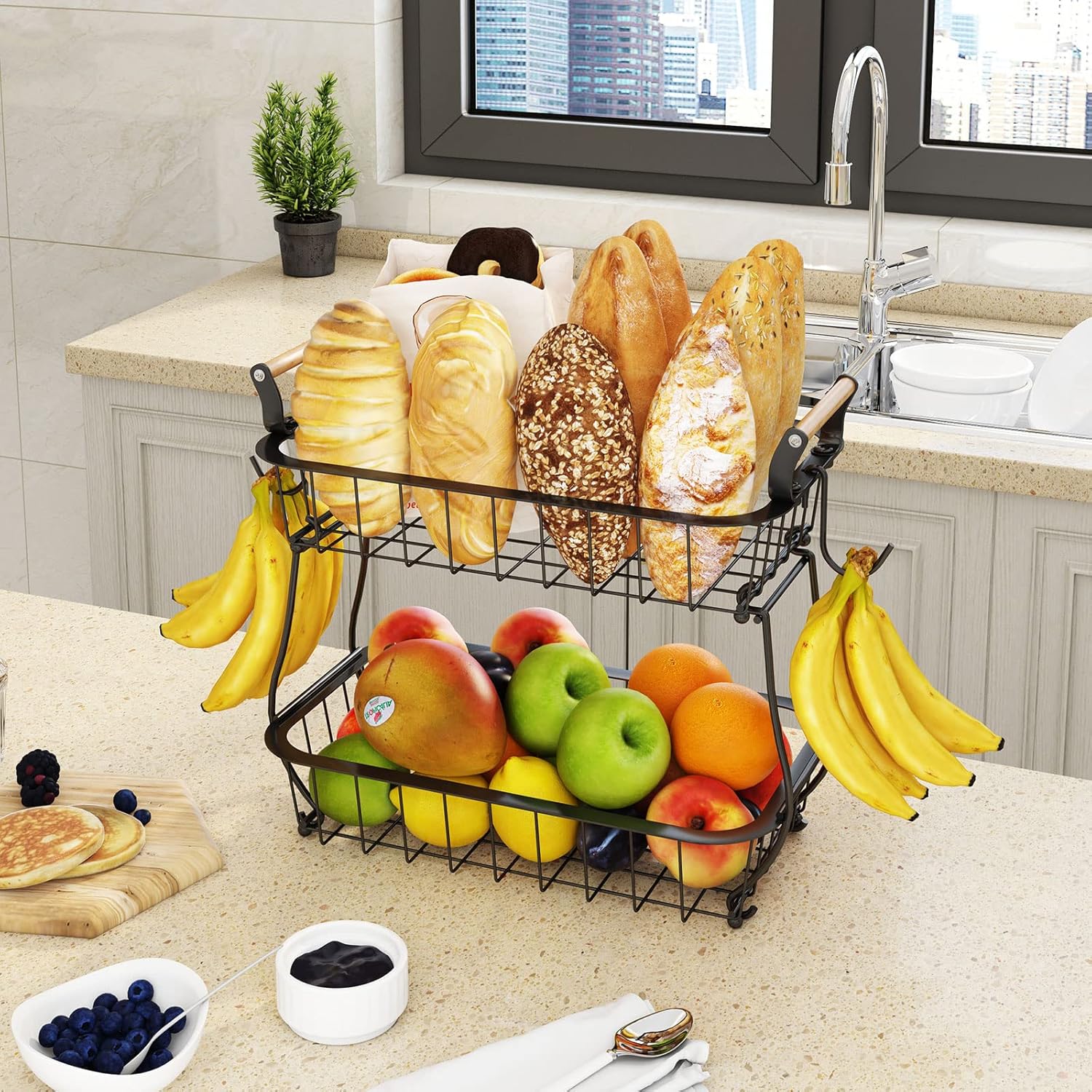 2 Tier Fruit Basket with 2 Banana Hangers, Countertop Fruit Vegetable Basket