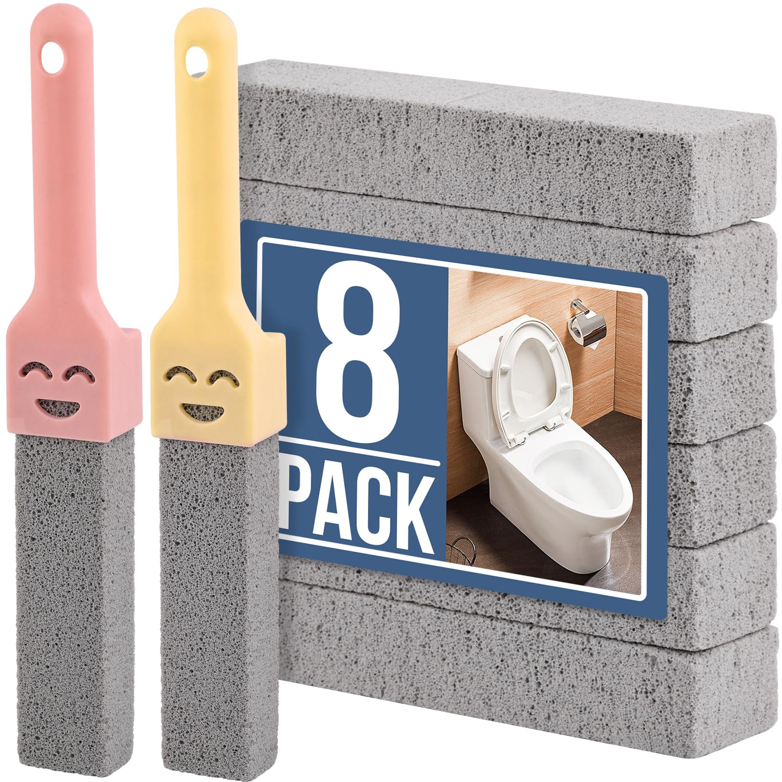 8 Pack Pumice Stones for Cleaning with 2 Universal Handles – Grey Pumice Stone
