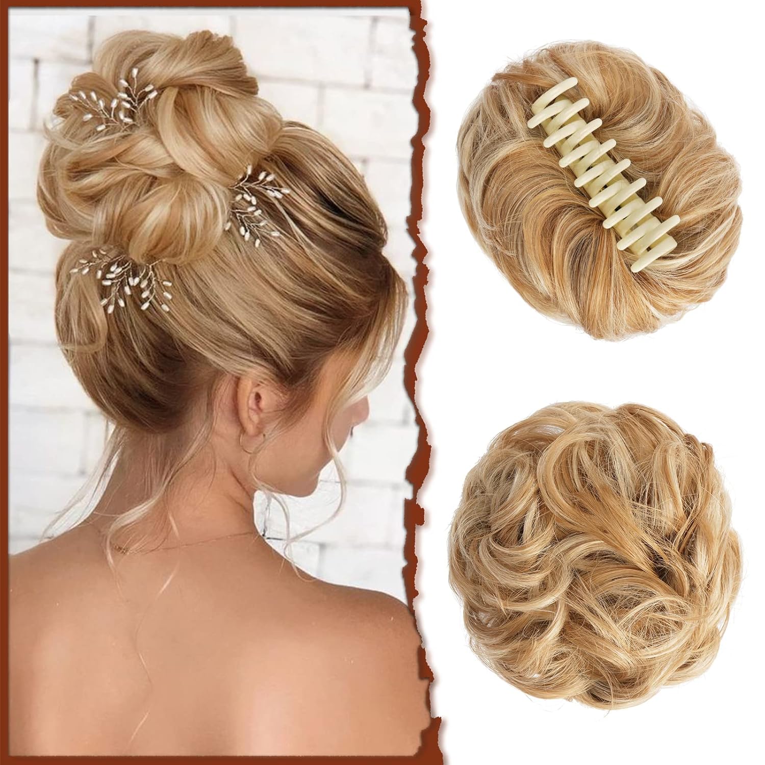 Sofeiyan Claw Clip Messy Bun Hairpieces – Wavy Curly Hair Bun Clip-in Claw Chignon Ponytail Hairpiece, Tousled Updo Synthetic Hair Extension for Women, Honey Blonde/Platinum Blonde