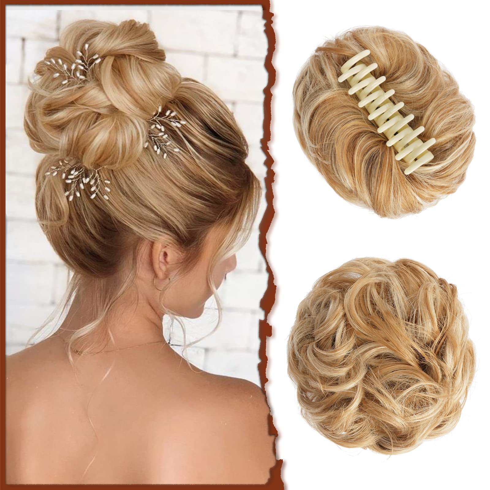 Sofeiyan Claw Clip Messy Bun Hairpieces – Wavy Curly Hair Bun Clip-in Claw Chignon Ponytail Hairpiece, Tousled Updo Synthetic Hair Extension for Women, Honey Blonde/Platinum Blonde