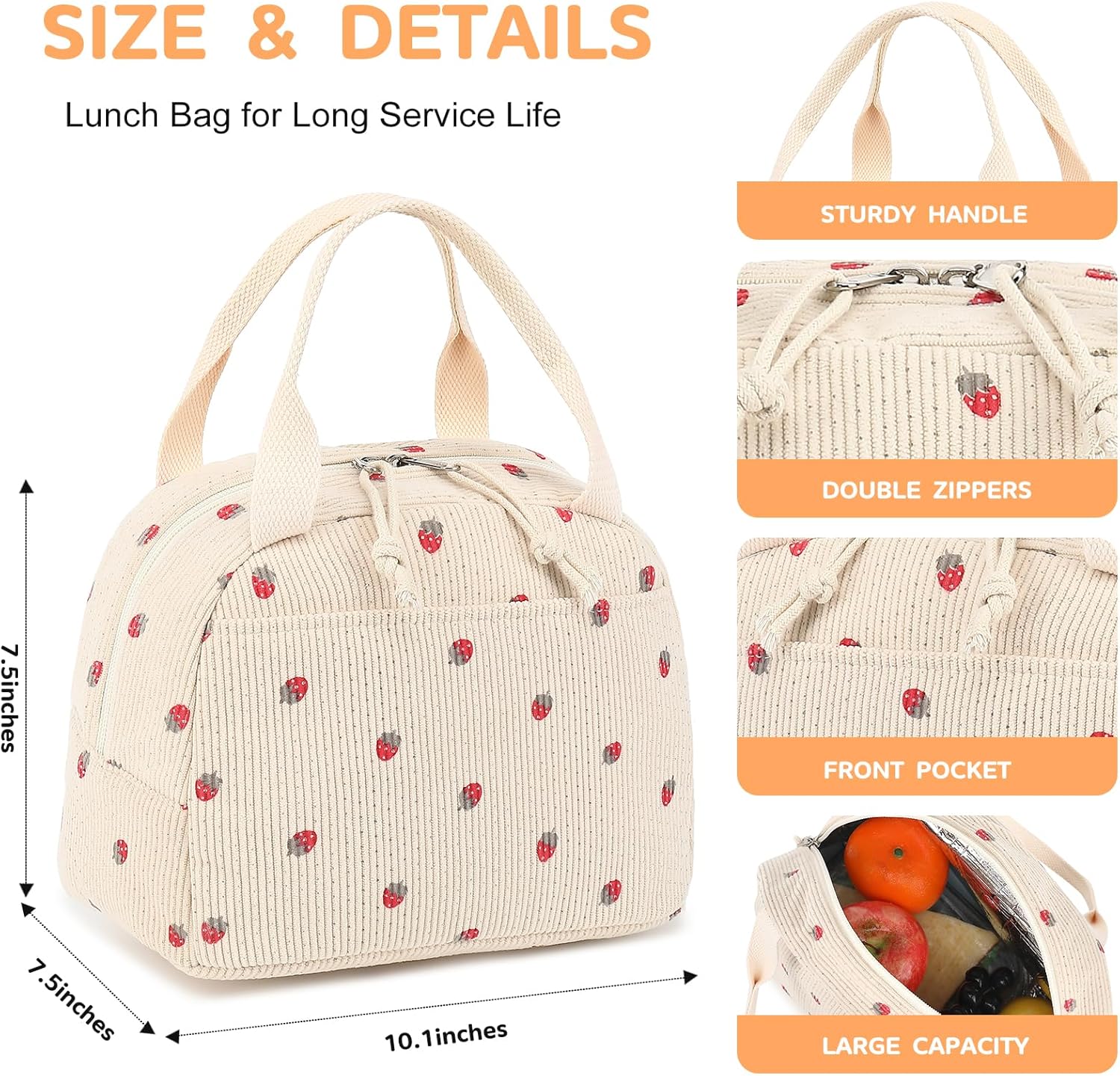 Corduroy Insulated Lunch Bag for Women – Stylish Waterproof Cooler Tote