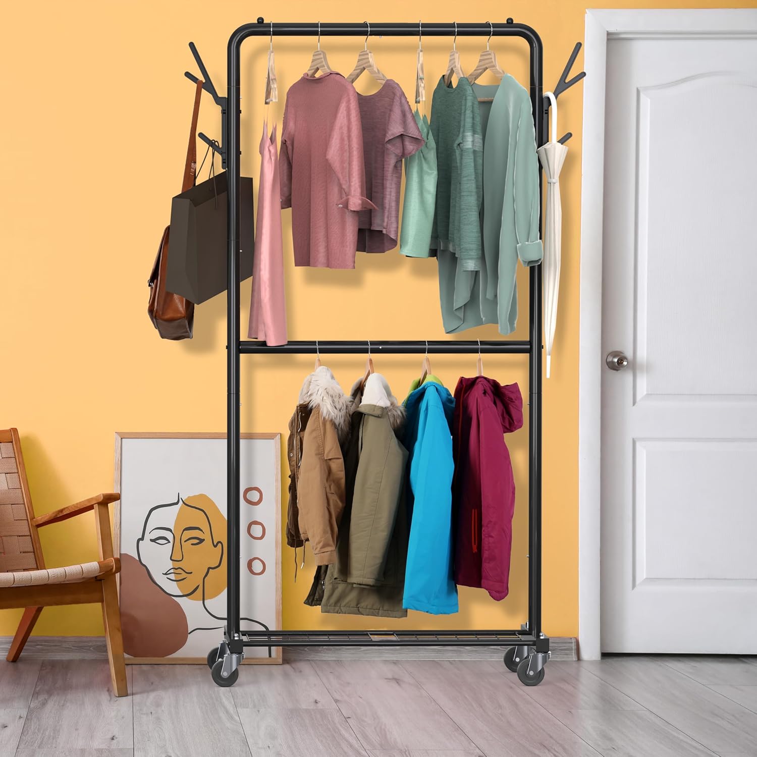 Double Rod Garment Rack with Wheels, Hooks Bottom Shelves