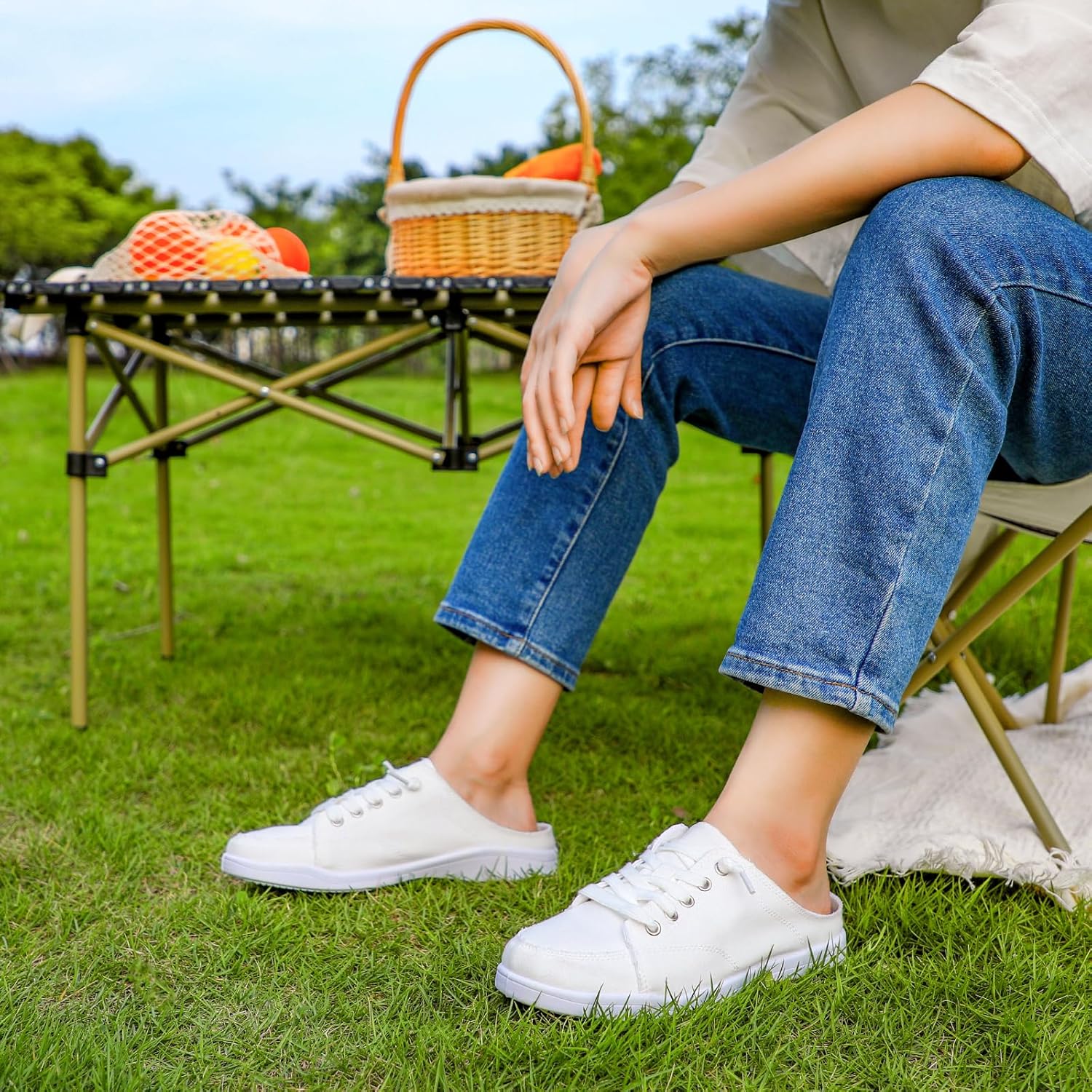 Women’s White Slip-On Canvas Sneakers – Lightweight Memory Foam Mules