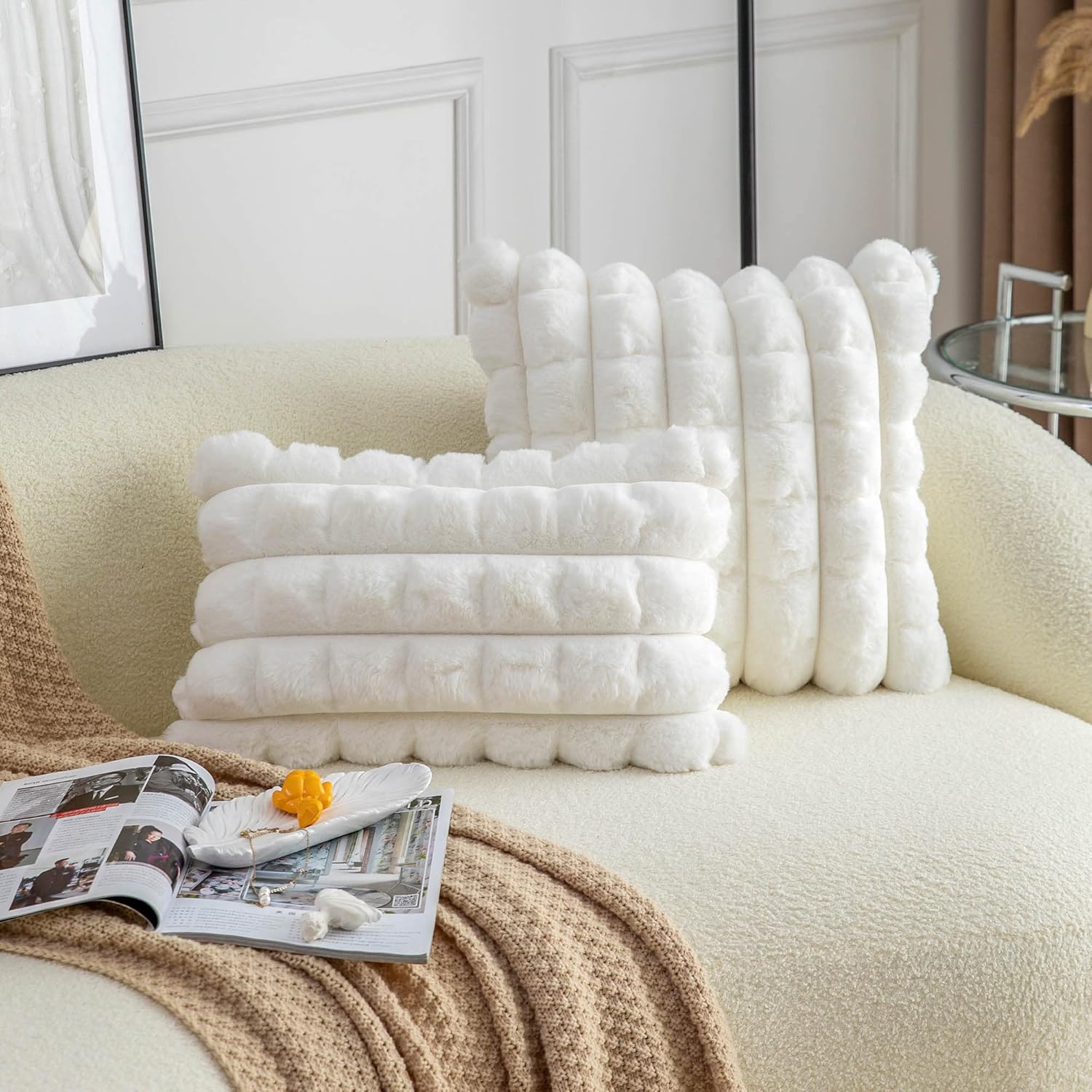 Cream White Faux Fur Cozy Soft Plaid Decorative Throw Pillow Covers