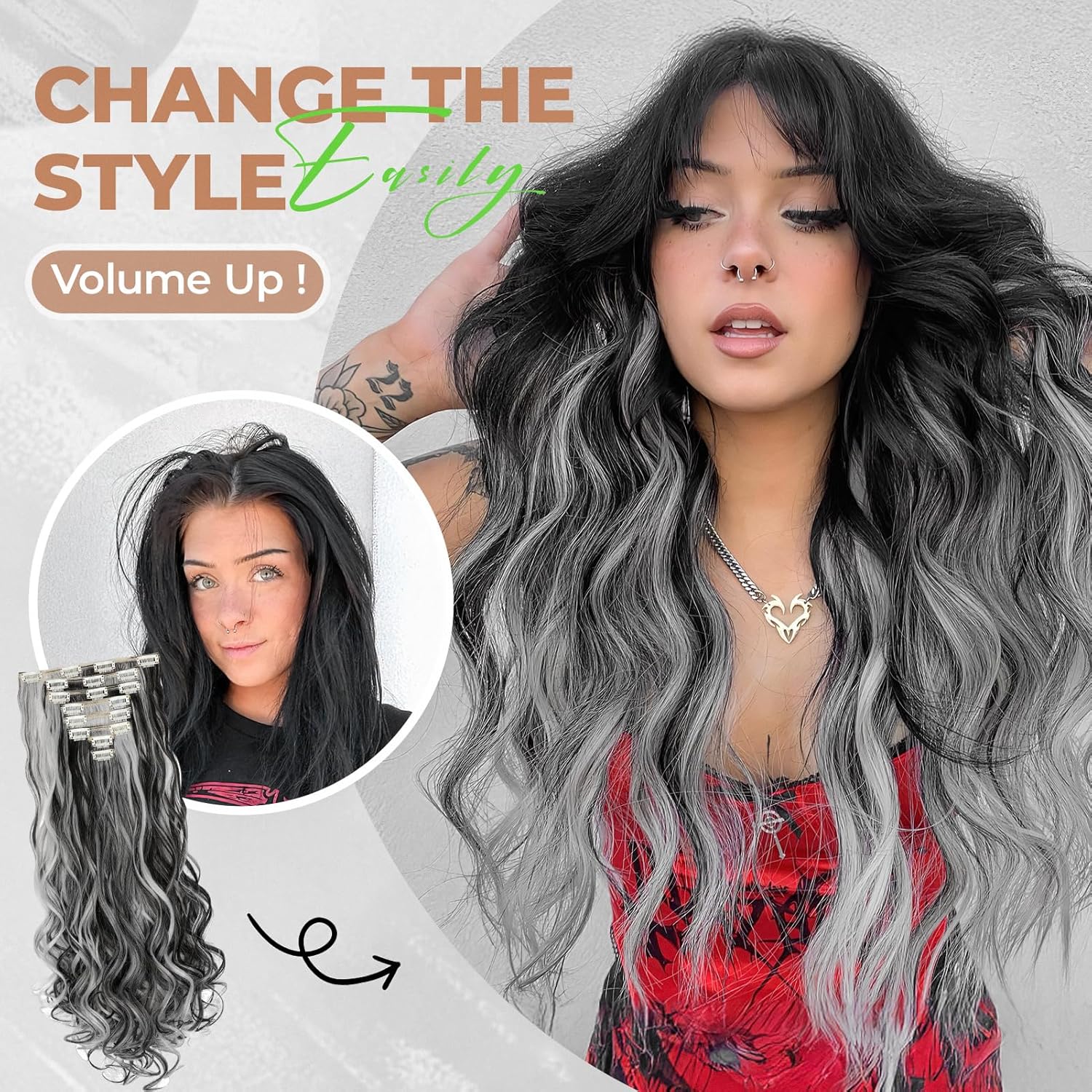 Clip-in Hair Extensions 24 Inch – 8PCS Natural Black Mix Silver Grey Long Wavy Synthetic Hair, Thick Double Weft Clip-ins for Women