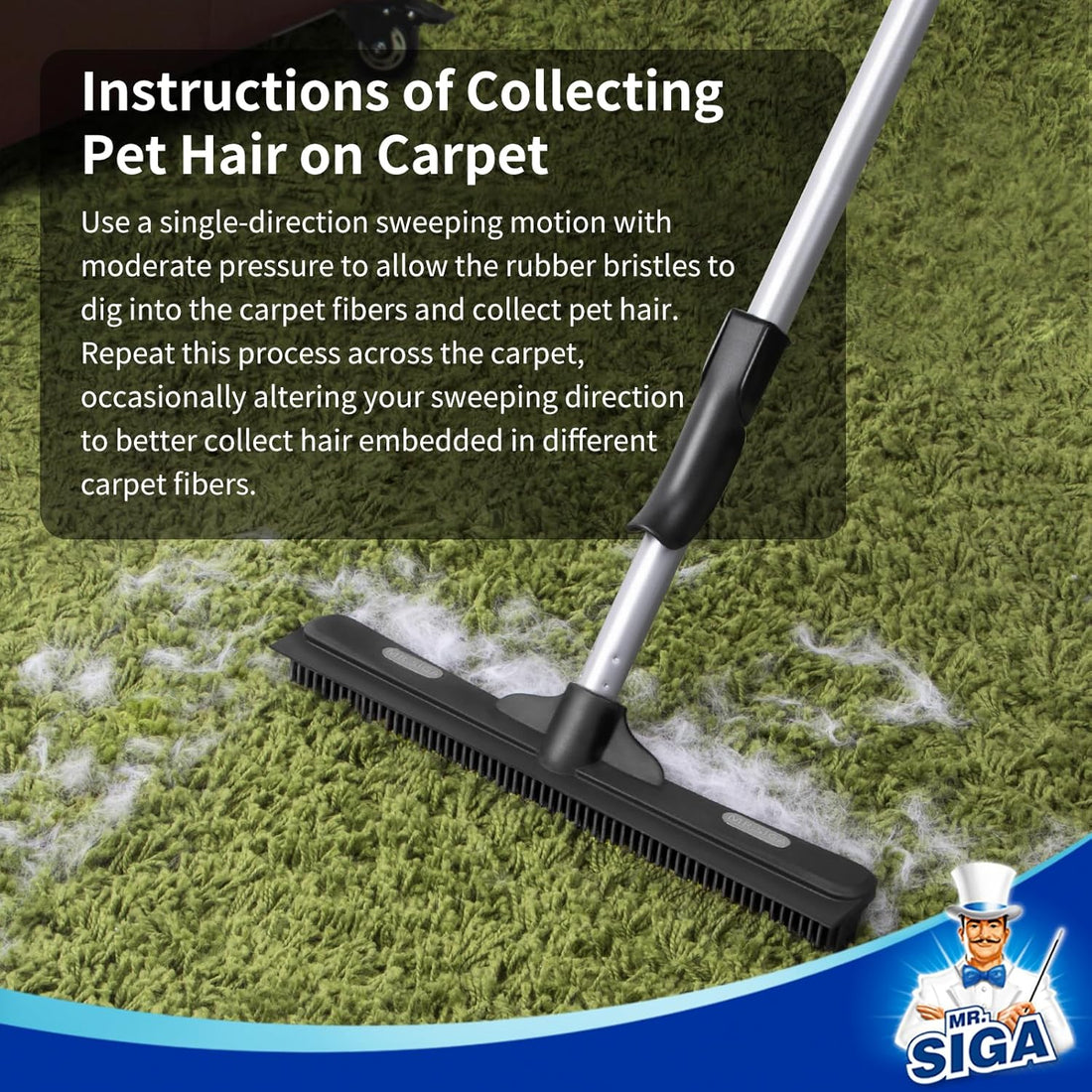 Pet Hair Removal Rubber Broom with Squeegee & Microfiber Cloth