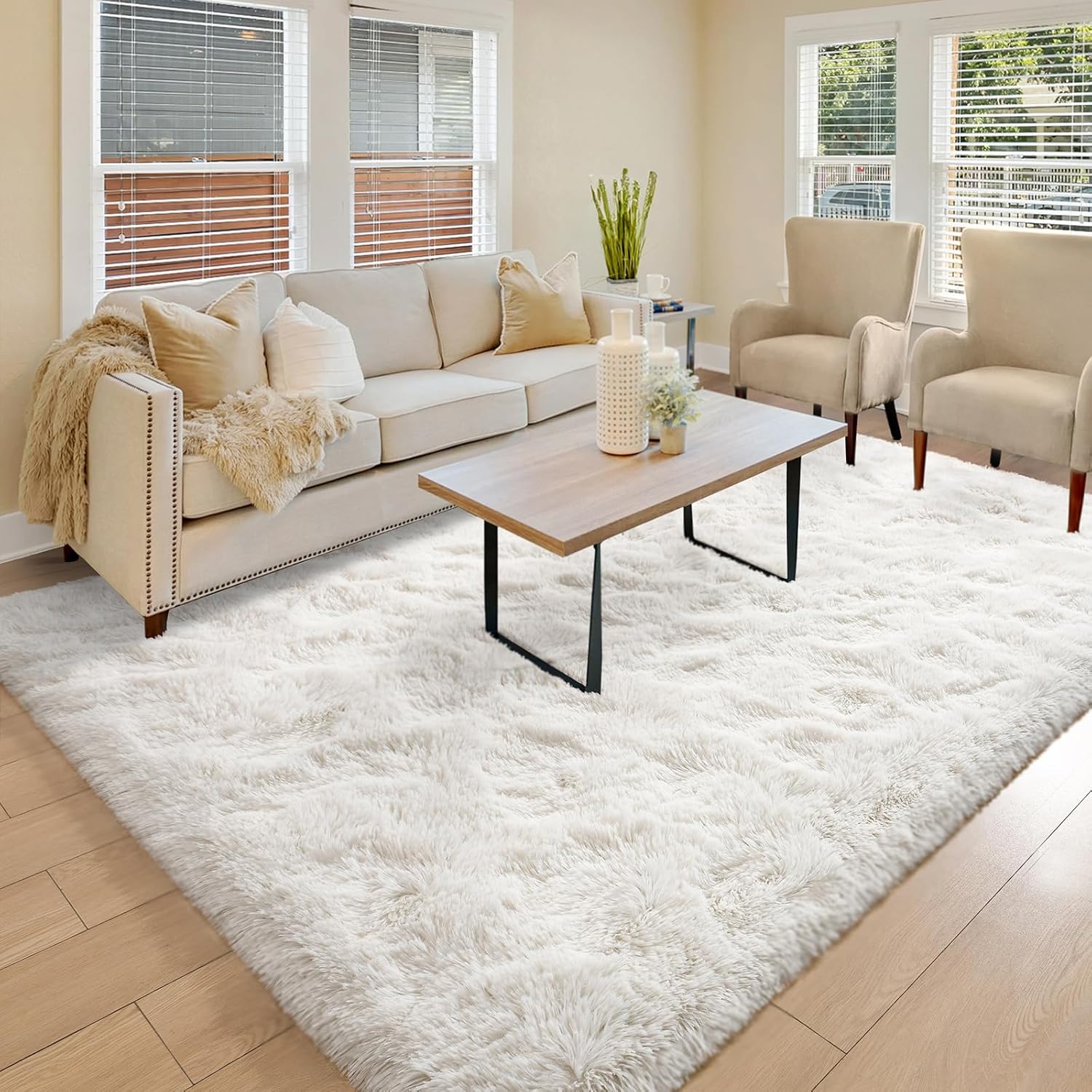 White Fluffy Area Rug 4x6 – Cozy Cream Non-Slip Carpet for Living Room
