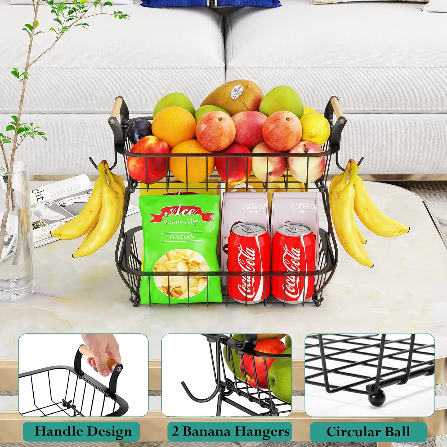 2 Tier Fruit Basket with 2 Banana Hangers, Countertop Fruit Vegetable Basket
