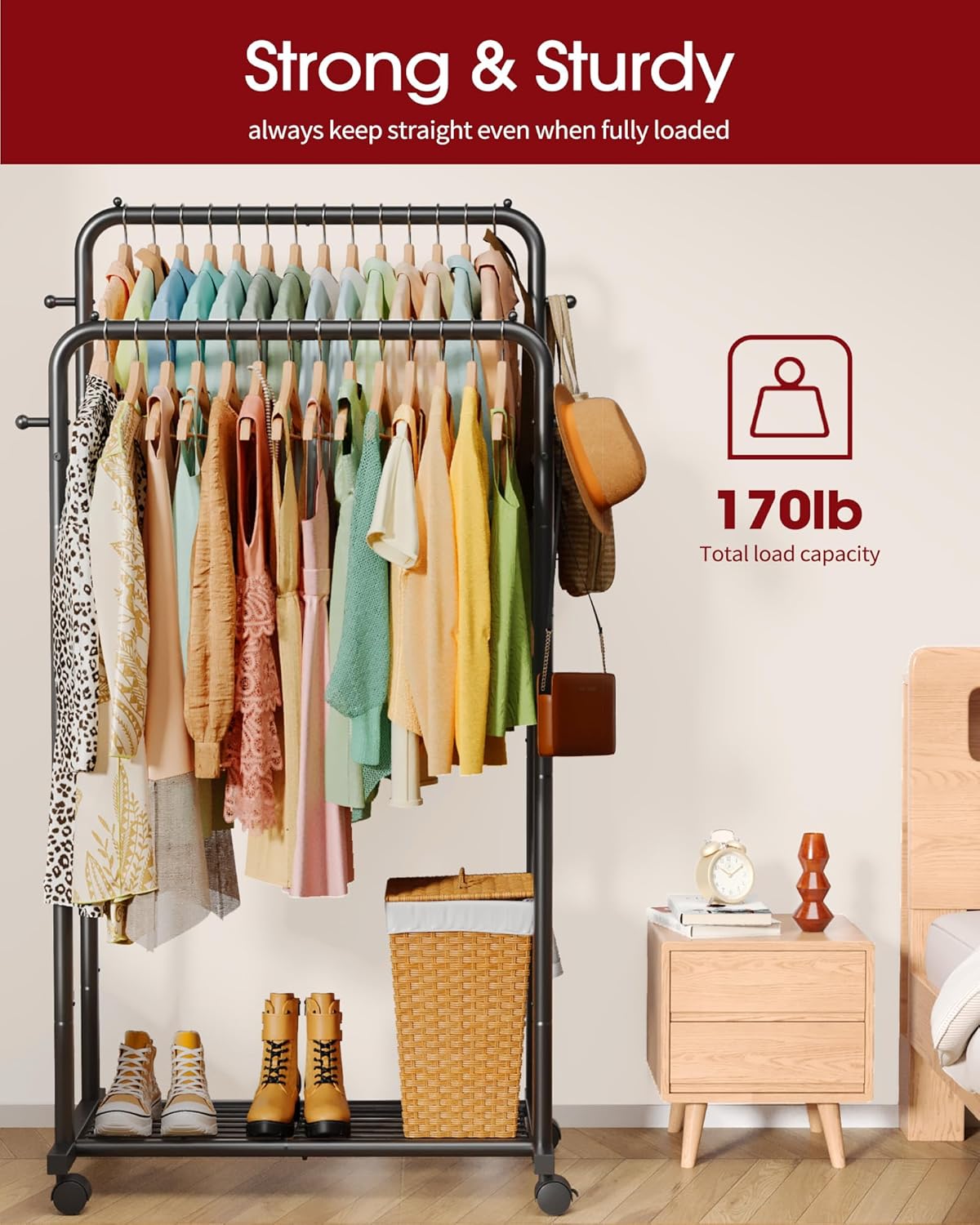 Double Rod Clothing Rack with Mesh Shelf, Hooks &amp; Lockable Wheels