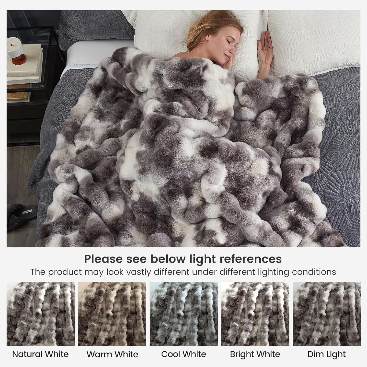 Faux Fur Throw Blanket for Couch, Fuzzy Soft Plush Thick Bubble Blanket