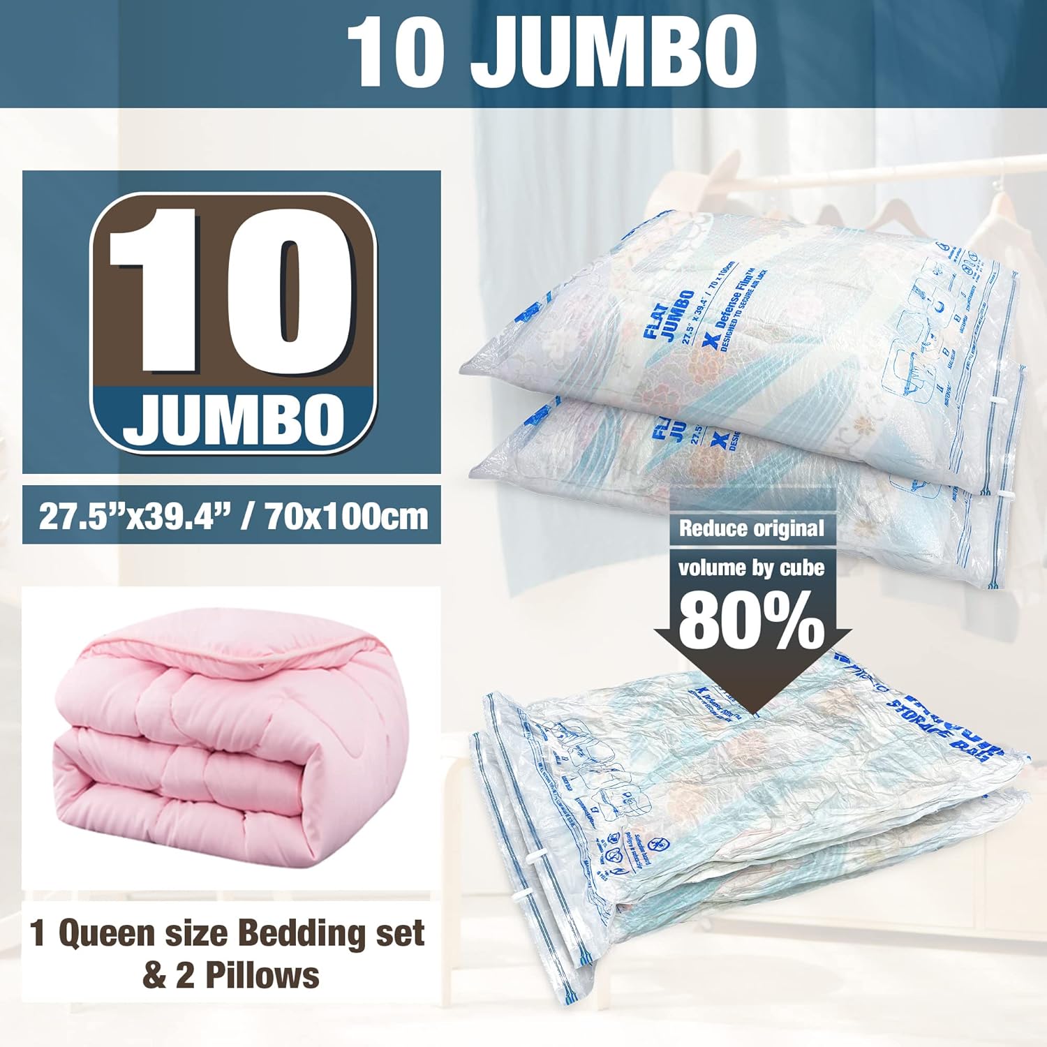 10 Jumbo Vacuum Storage Bags with Hand Pump – Space Saver Bags