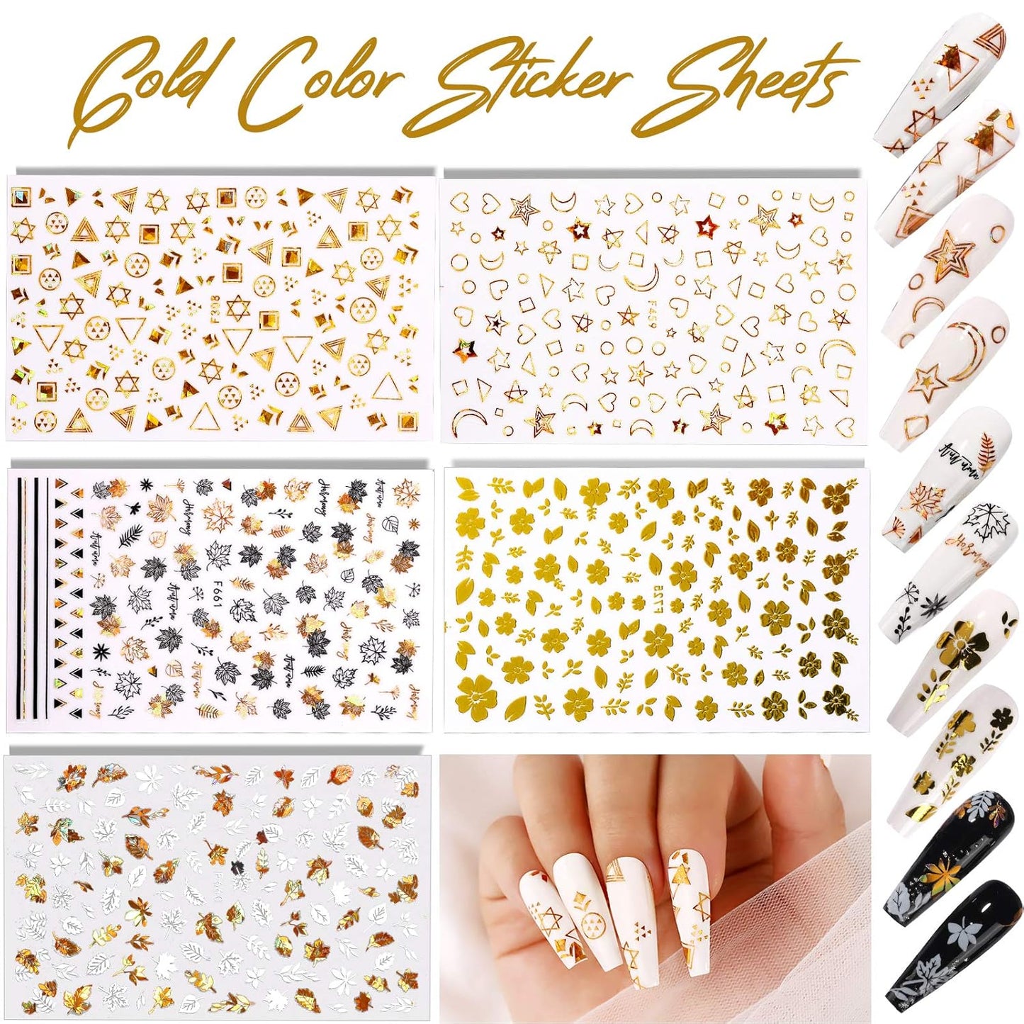 Teenitor 12 Sheets 3D Nail Art Stickers – Self-Adhesive Nail Decorations with 5 Boxes Holographic Glitter Flakes, Butterfly, Heart, Star, Maple Leaf Sequins & Flower Slices