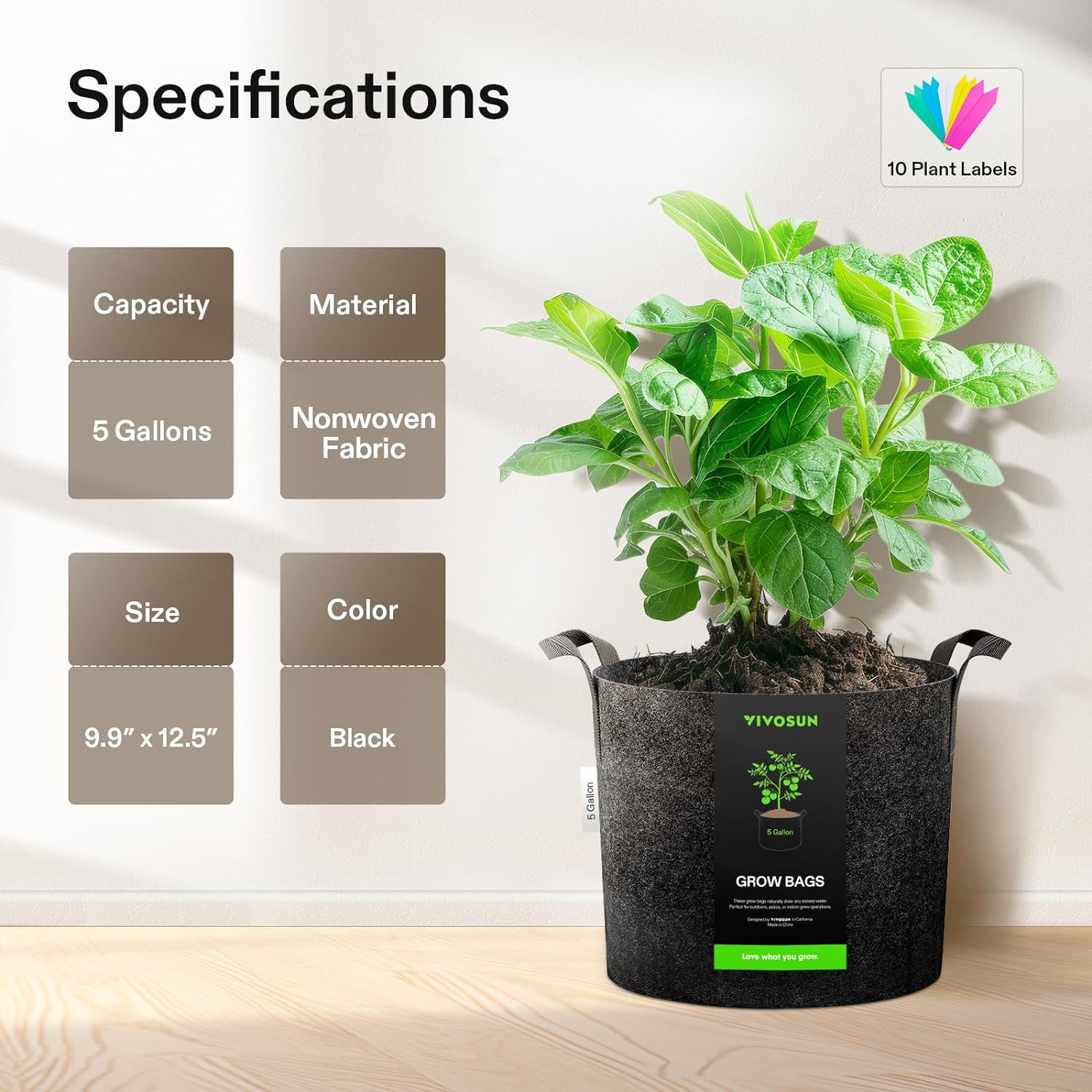 5-Pack 5 Gallon Grow Bags – Heavy Duty 300G Thickened Nonwoven Plant